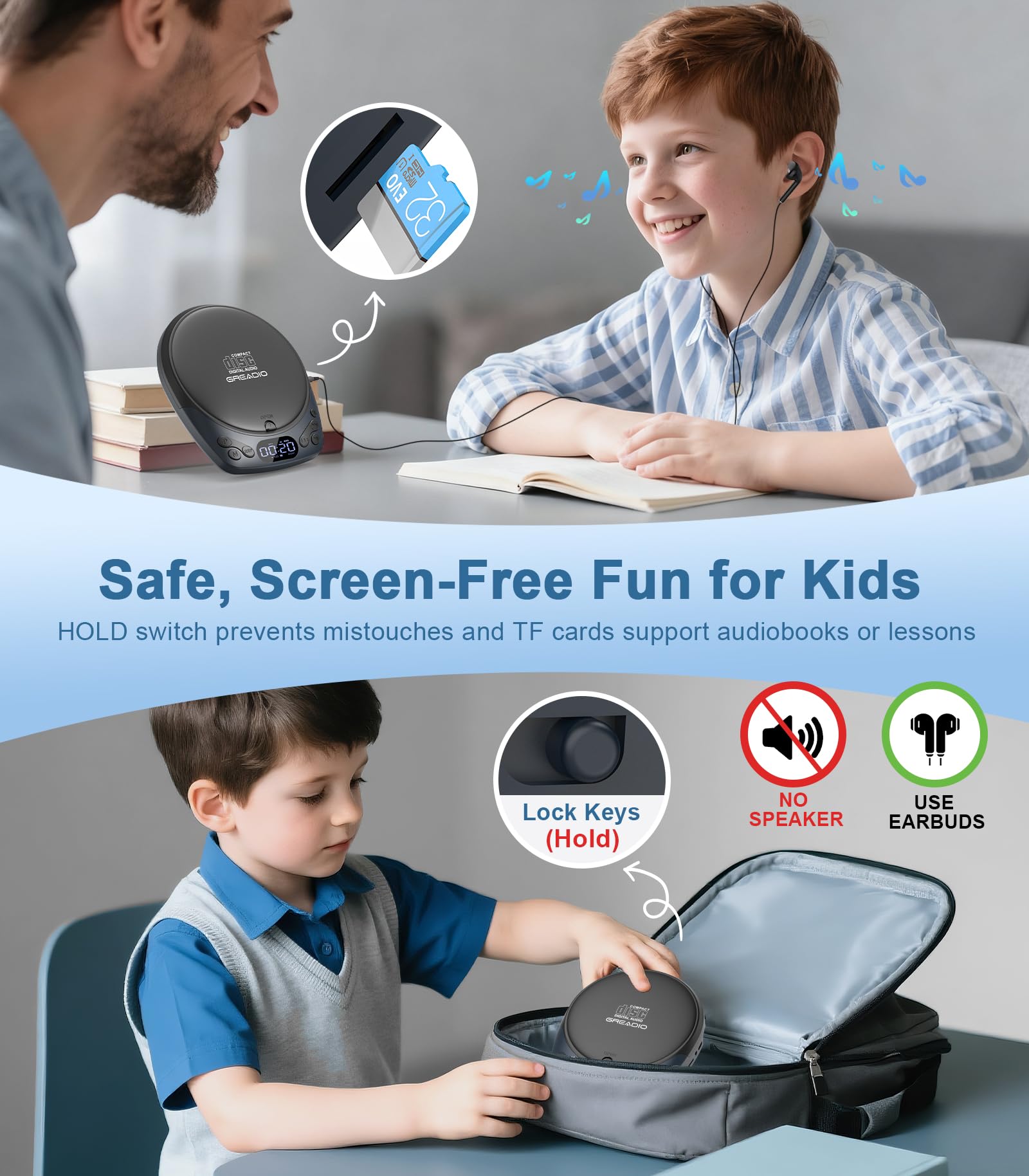 Lecteur CD portable avec écouteurs, lecteurs CD Discman rechargeables pour la maison et la voiture, petits lecteurs CD avec 60 secondes anti-saut, prend en charge CD/MP3/WMA/carte TF/AUX/rétroéclairé
