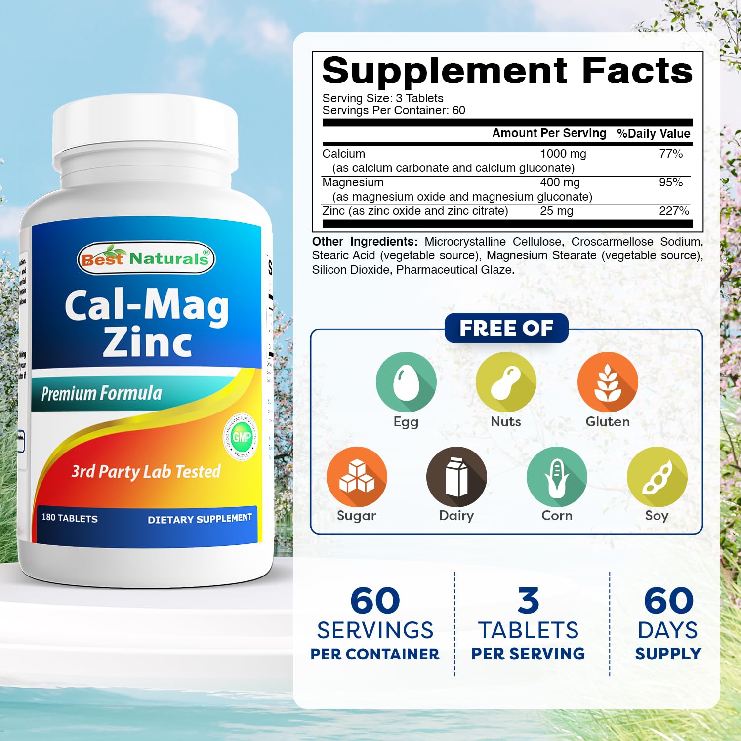 #1 CAL MAG ZINC by Best Naturals - Essential Mineral Complex - Manufactured in a USA Based GMP Certified Facility and Third Party Tested for Purity. Guaranteed!!, 180 Tablets — Amazon image 2