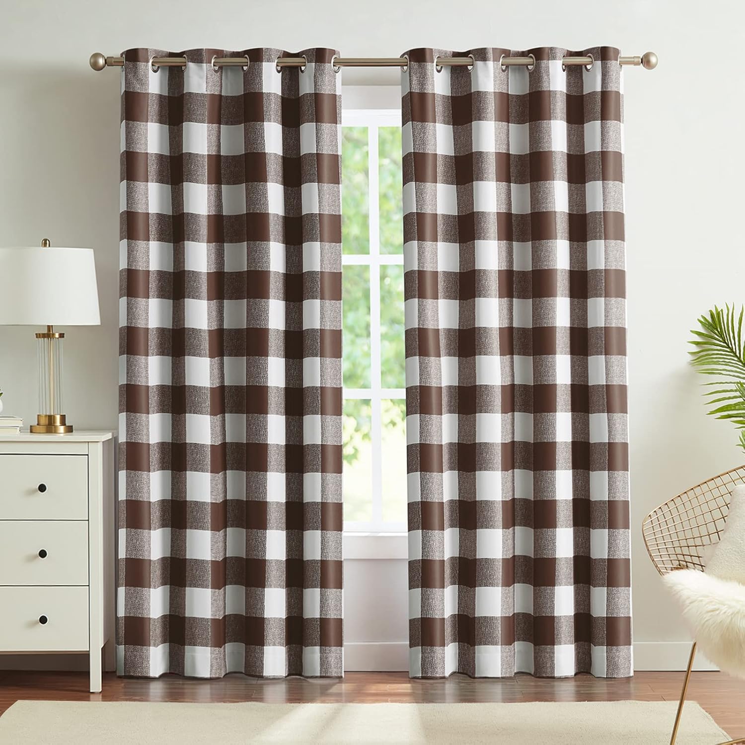 Melodieux Buffalo Check Plaid Blackout Curtains 63 Inch Length for Bedroom, Living Room Thermal Insulated Room Darkening Grommet Drapes, Brown, 50 x 63 Inch, 2 Panels