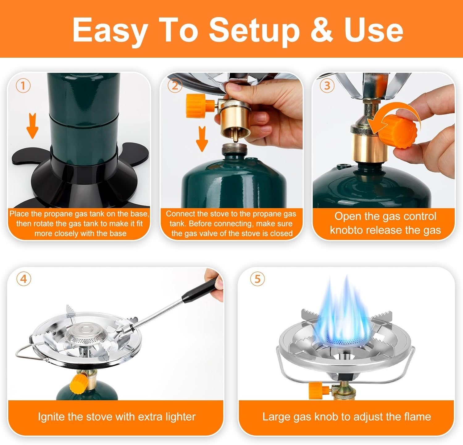 Camping Stove Propane Burner, Portable Camp Stove with Foldable Gas Tank Base, Adjustable Flame Backpacking Cooker for Camping, Small Single Burner Propane Stoves Kit for Hiking Tent Outdoor Cooking Silver Medium