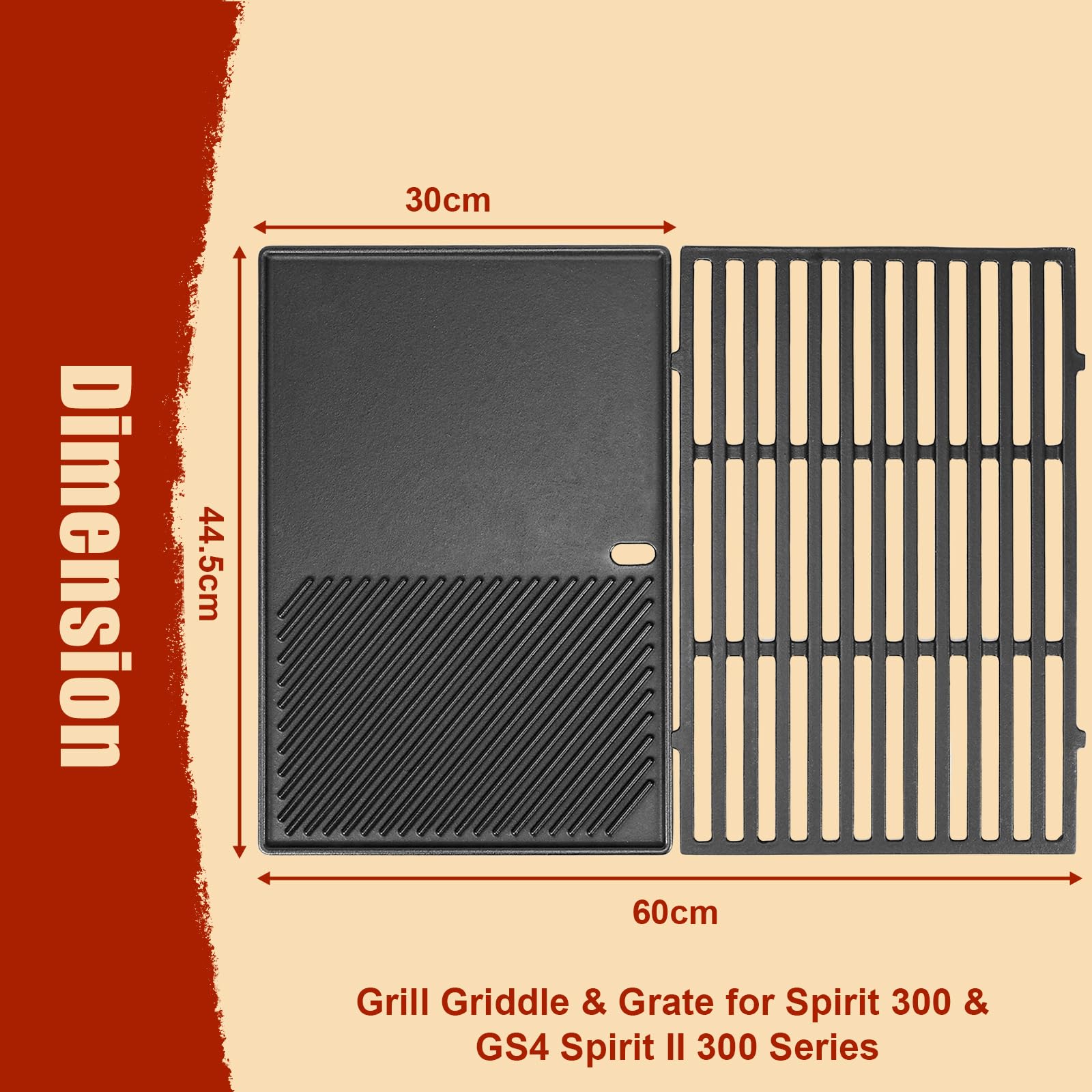 Denmay 7638 ruszt do grillowania 44,5 cm i płyta grillowa do Weber Spirit I & II seria 300 (z przednimi pokrętłami palnika), żeliwny ruszt do grillowania i płyta grillowa, części zamienne do Weber