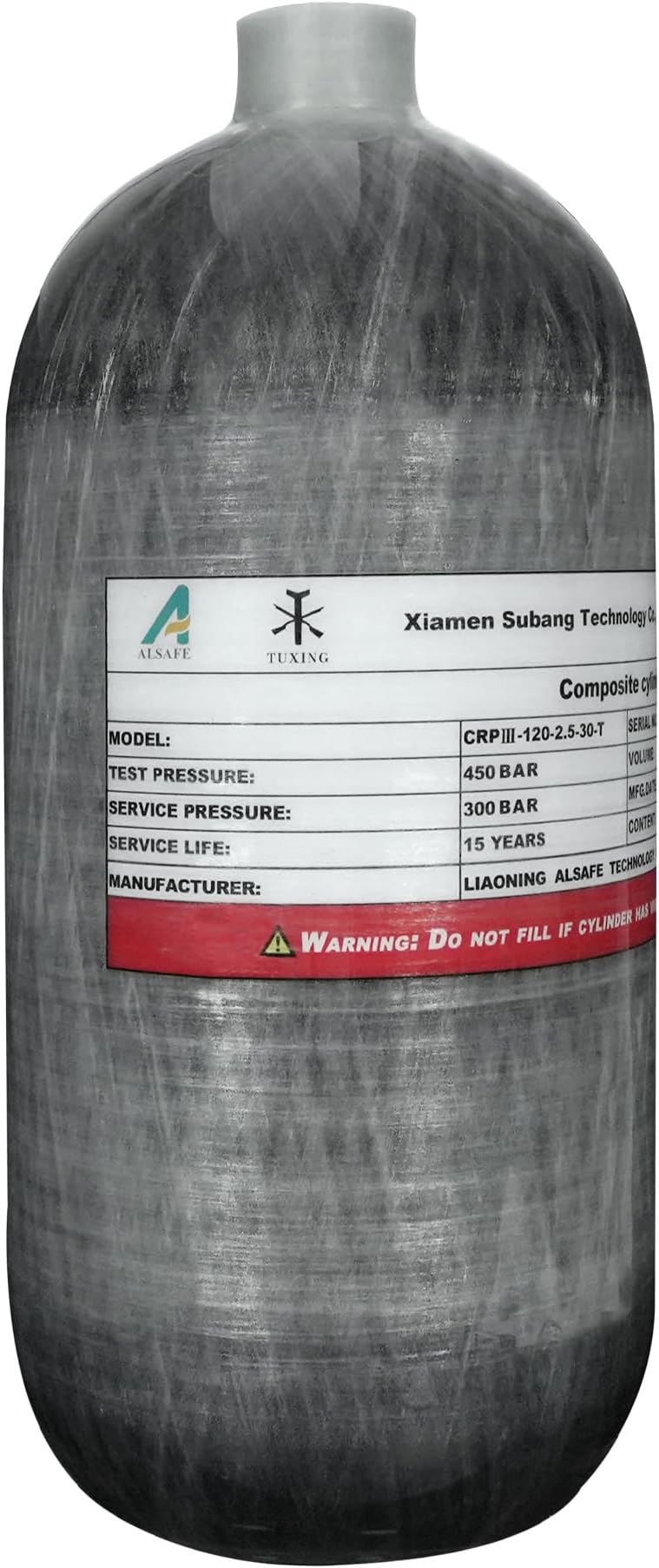 TUXING 4500psi High Pressure Composite Cylinder, 2.5L Carbon Fiber Tank, Diving Scuba Tank, PCP Paintball Air Tank (Empty Bottle), M18*1.5