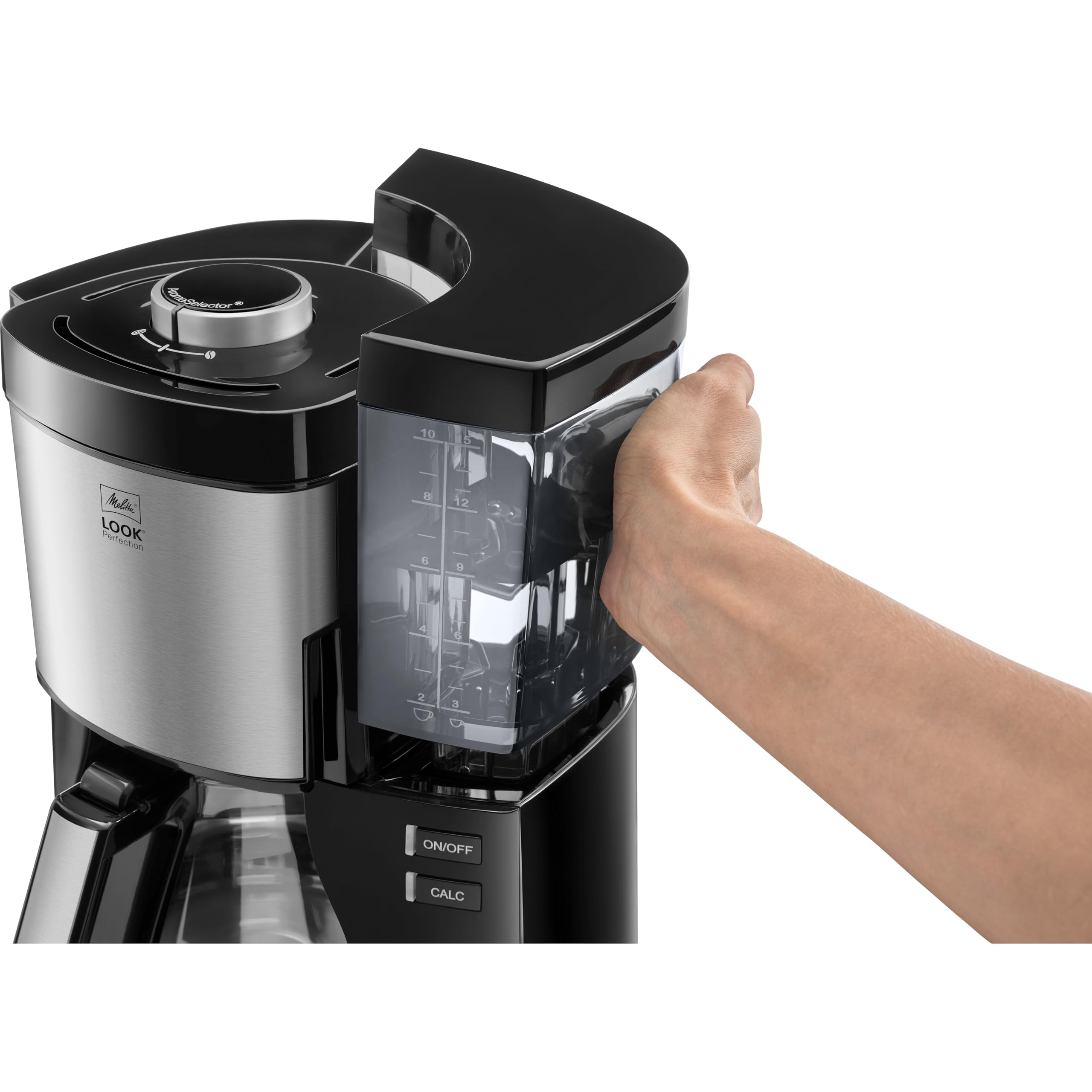 Melitta Look Perfection – Filterkaffeemaschine mit Glaskanne und entnehmbarem Wassertank, für bis zu 10 Tassen, in Schwarz/Edelstahl