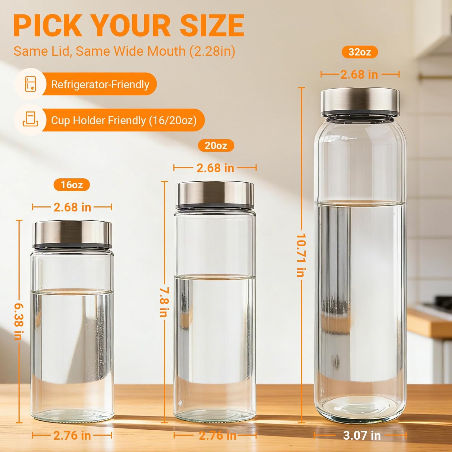 20 oz Wide Mouth Glass Juice Bottles with Stainless Steel Lids, Leakproof, Airtight, Reusable, Dishwasher Safe, Cup Holder Friendly, Brush Included, for Juicing, Smoothie, Infused Water, 4 Pack