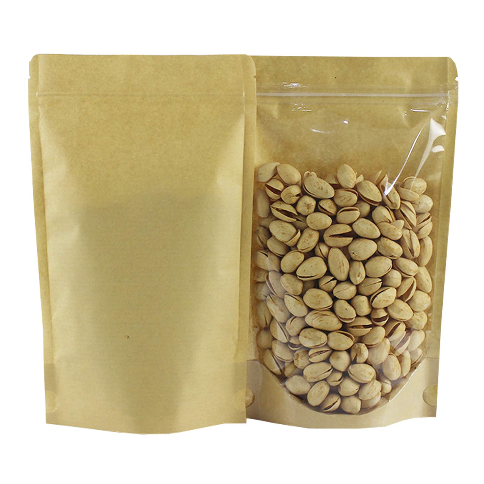 50PCS Kraft Paper Stand Up Food Bags, Reusable Ziplock Seal Bags, Kraft Paper Food Storage Pouches, Kraft Paper Food Packing Bag with Translucent Window, 18x26cm