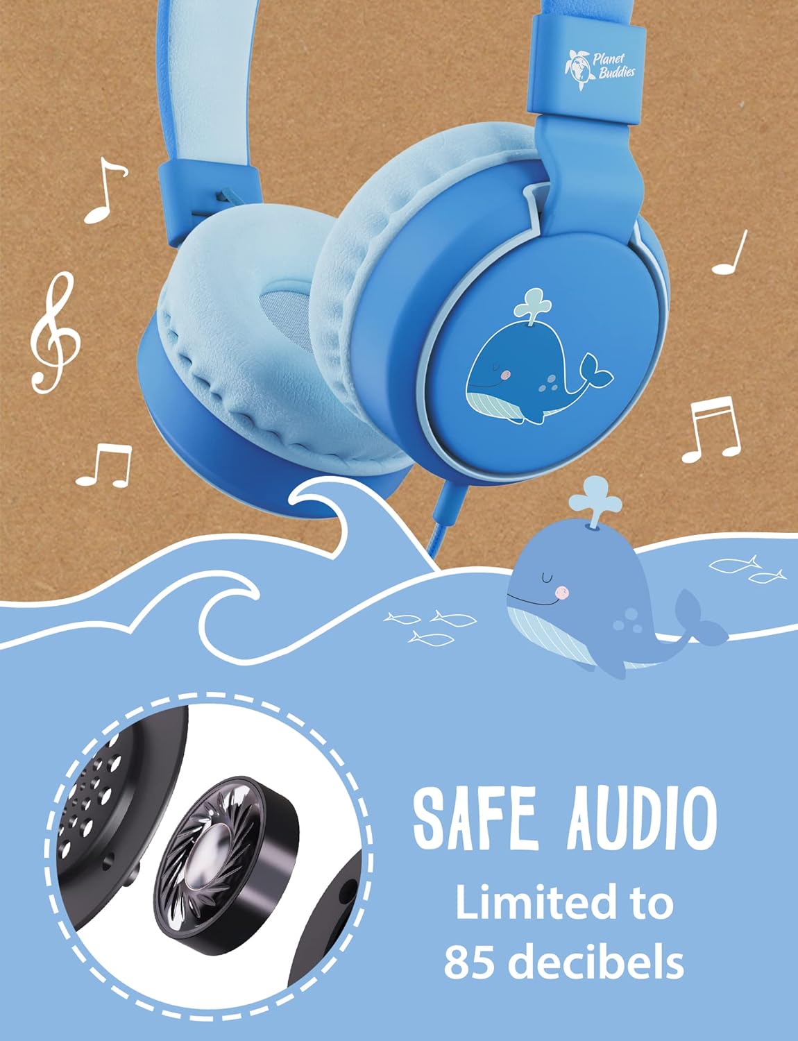 Planet Buddies Whale Kids Headphones Wired, On Ear Headphones for Todler, 85db Volume Limited, Safe Foldable Earphones for Kids with Microphone, Childrens Headset for School/Tablet/Travel - Blue - Image 2