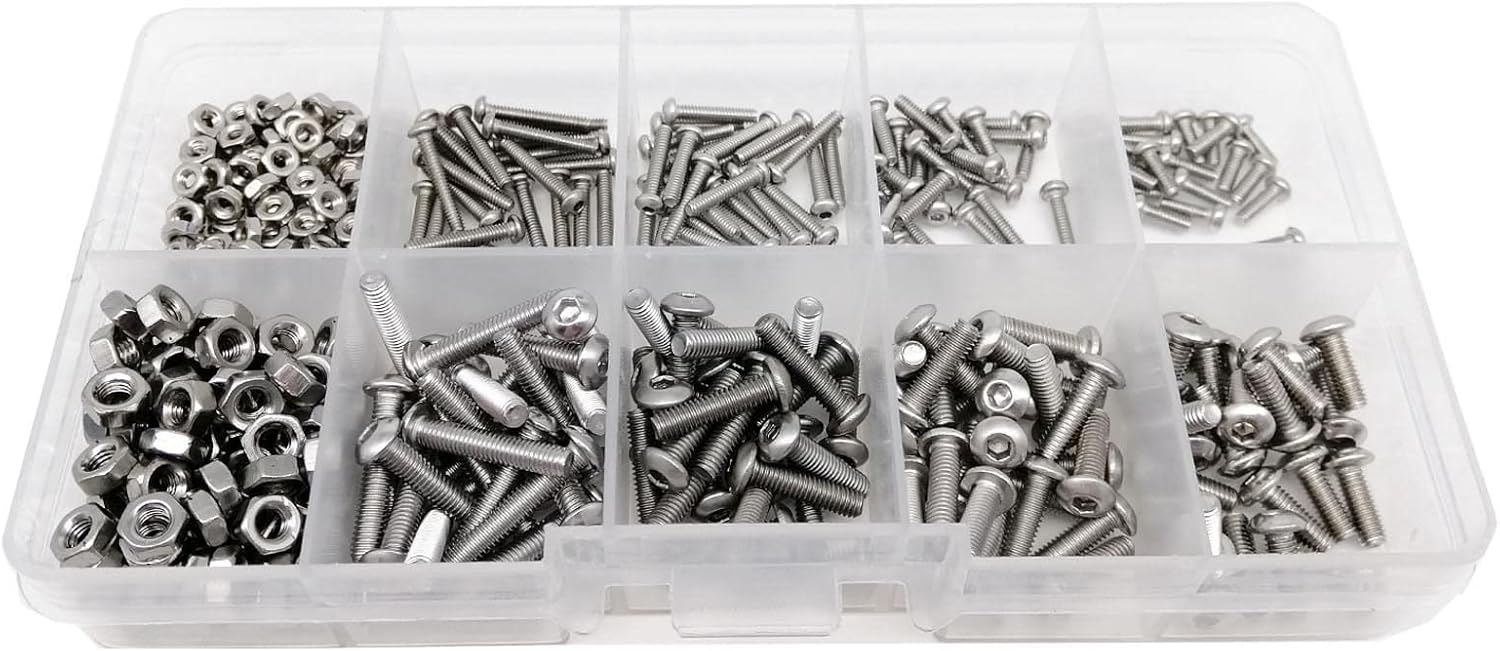 Wshao Store 400/2100X M1.6 M2 M2.5 M3 M4 M5 304 Stainless Steel Hexagon Hex Socket Button Round Head Screw Bolt Nut Washer Set Kit Box (Color : Set C 1140pcs)