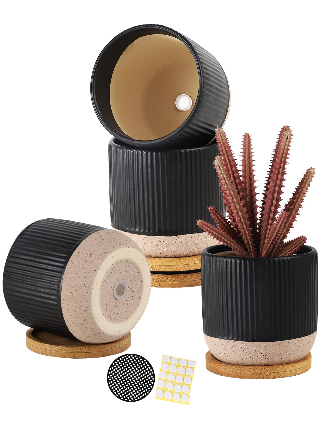 Piccoli vasi in ceramica da 10 cm, con foro di drenaggio e sottovaso, fioriera moderna per piante grasse, piante da interno, cactus, erbe, nero, set di 4 (pianta non inclusa)