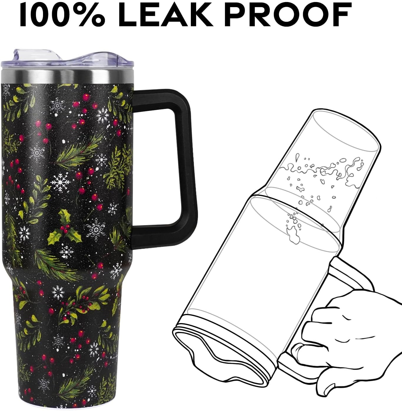 Christmas Tumbler with Handle and Straw Lid 40 oz,Cute Merry Xmas Holly Berries Snowflake Gifts for Women Vacuum Insulated Leak Proof Tumbler,Winter Holiday Accessories Stainless Steel Coffee Cup Mug - Image 4