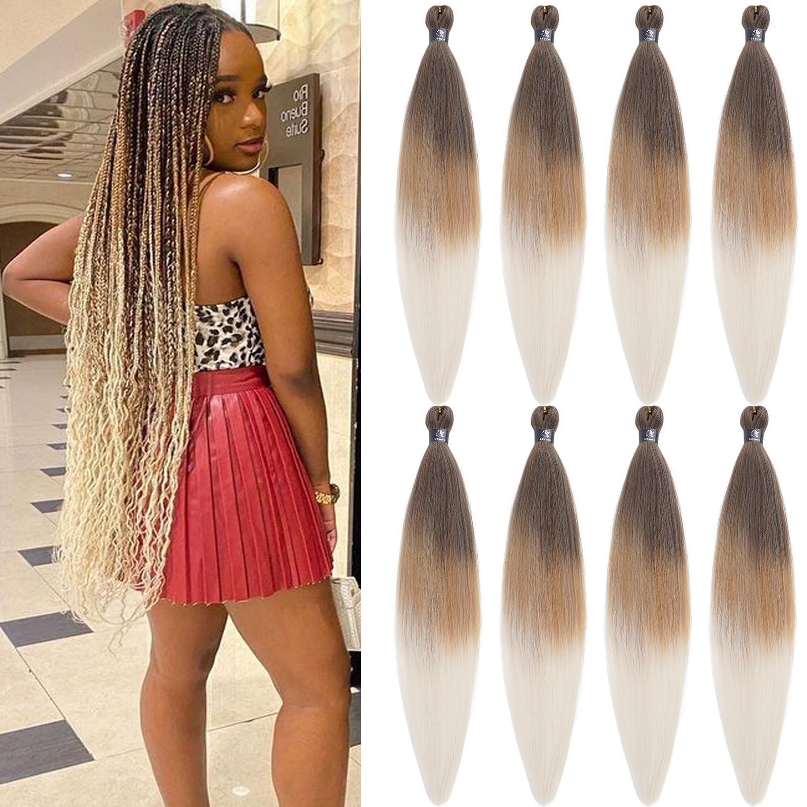 4/27/613 Ombre Braiding Hair Pre Stretched Knotless Braiding Hair Extensions for Box Braids Hypoallergenic Pre Sectioned Braiding Hair Ombre 32 inch
