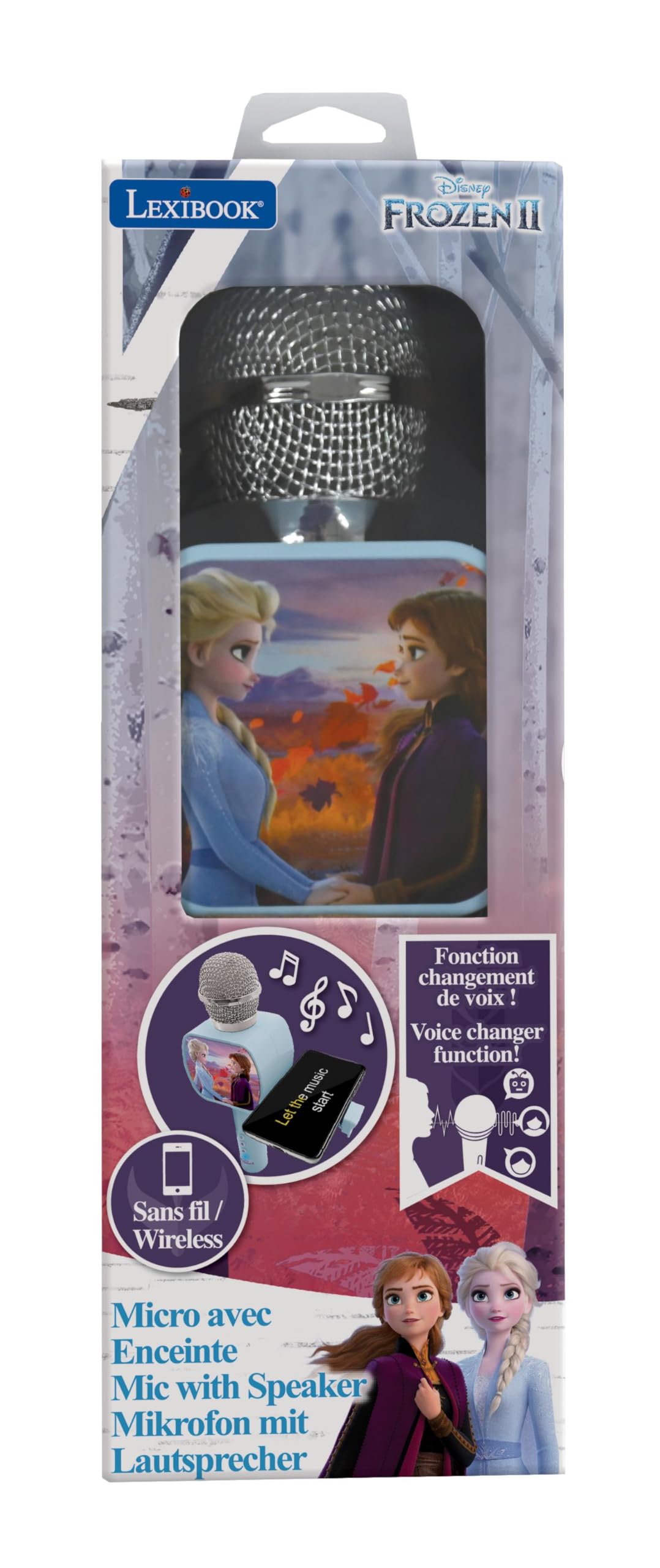 Lexibook Frozen 2 Elsa Anna Olaf Microfono Bluetooth® con Funzione commutatore vocale, Porta-Telefono Retrattile Incluso, Altoparlante Incorporato, Blu, MIC240FZLXB