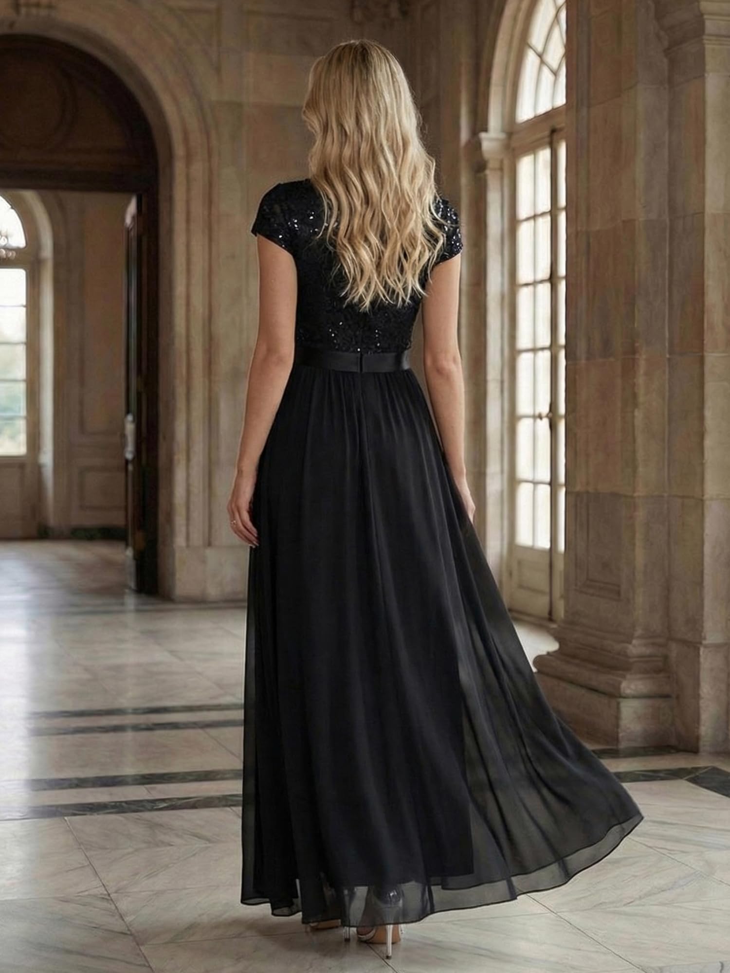 Ever-Pretty Robe de Soirée Chic Col en V Manches Courtes Mousseline Dentelle High-Low EE02644