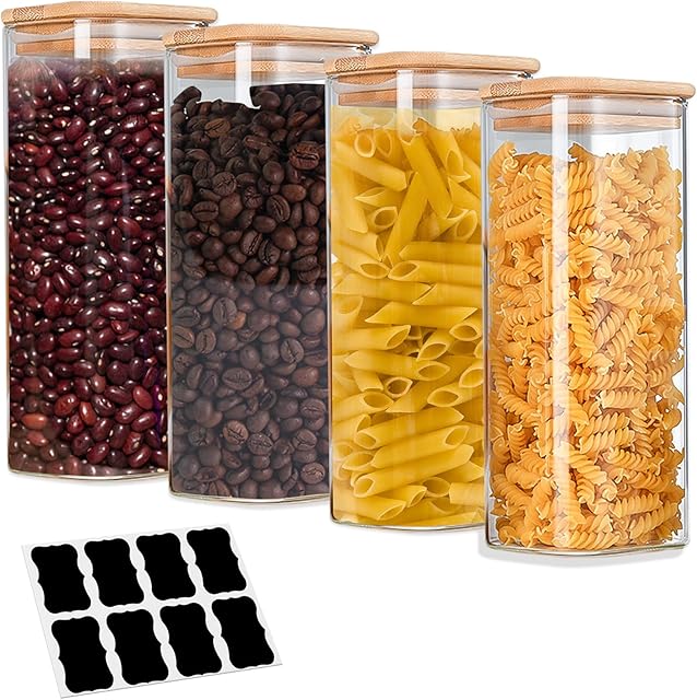 Gabrella Glass Jars with Bamboo Lids 1500ml/50 oz, Glass Canisters with Airtight Lids, Glass Food Storage Containers for Pasta, Oats, Coffee, Flour, Sugar, Rice, Best for Kitchen & Pantry, Set of 4