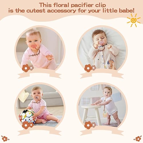 Miniatura 3 de Symbolife Clip para chupete para niños y niñas, diseño floral de margaritas de macramé, clip para chupete, correa de soporte para chupete, clips de