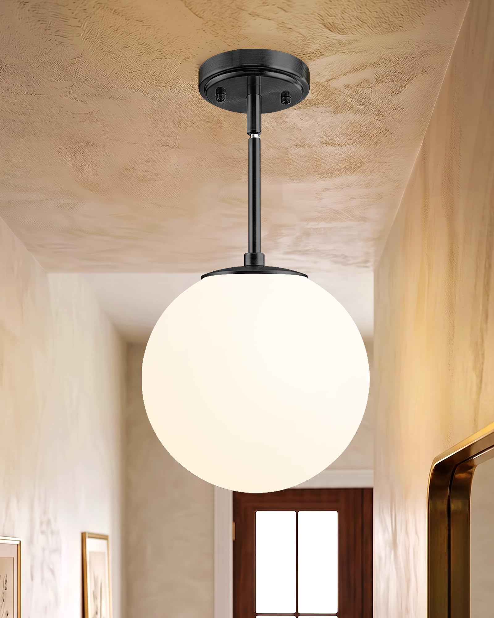 Photo 1 of Majade 7.4" Globe Ceiling Lights Kitchen Island Black Mid Century Modern Ceiling Light Fixtures Pendant Lighting with Milk White Glass Shade Adjustable Brushed Brass Hanging Light for Hallway Entryway