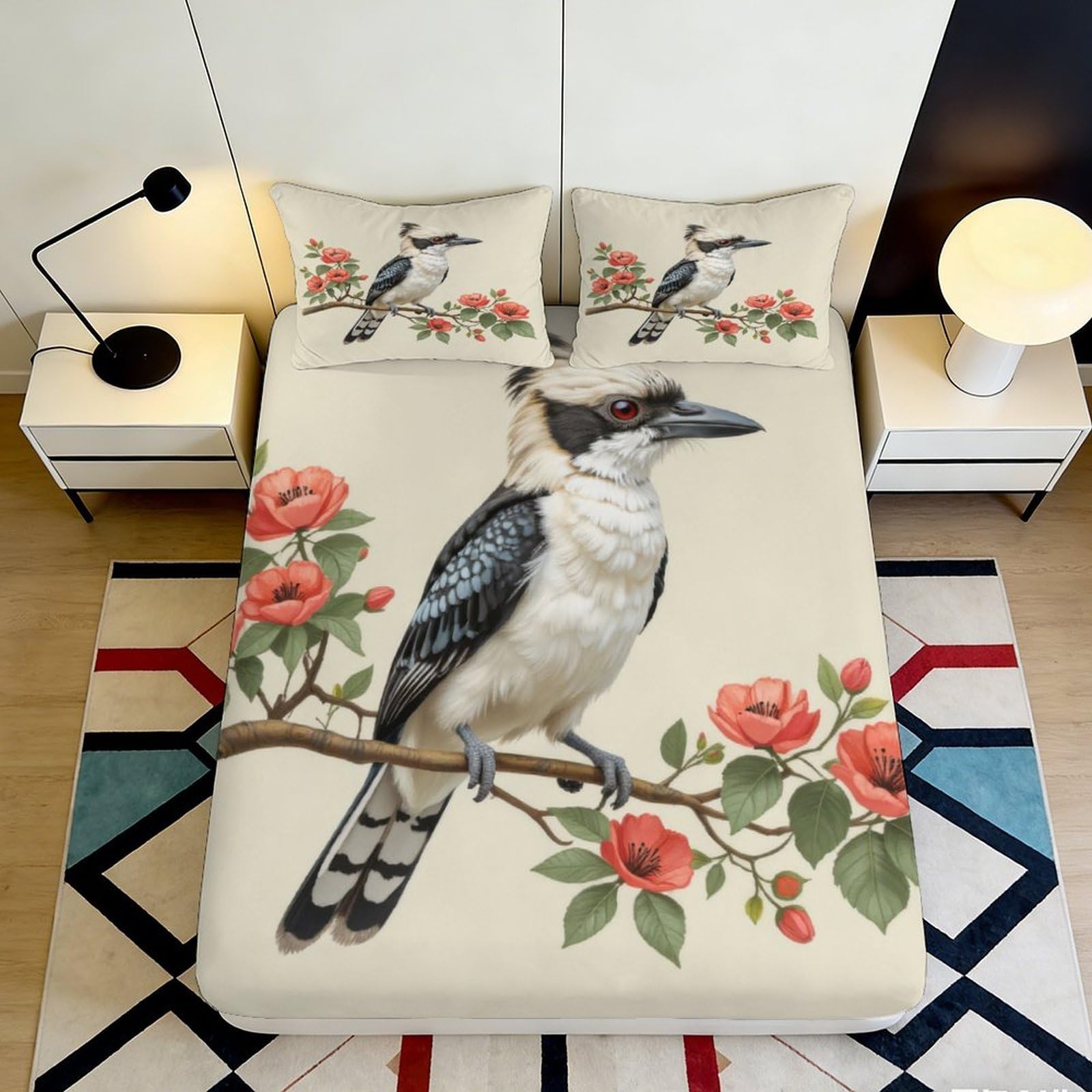 3D Printed Kookaburra Bird Fitted Sheet Microfiber Soft Breathable Floral Branch Bed Cover for Bedroom Dormitory Guest Room Mattress Protection Decor 200x200x25cm