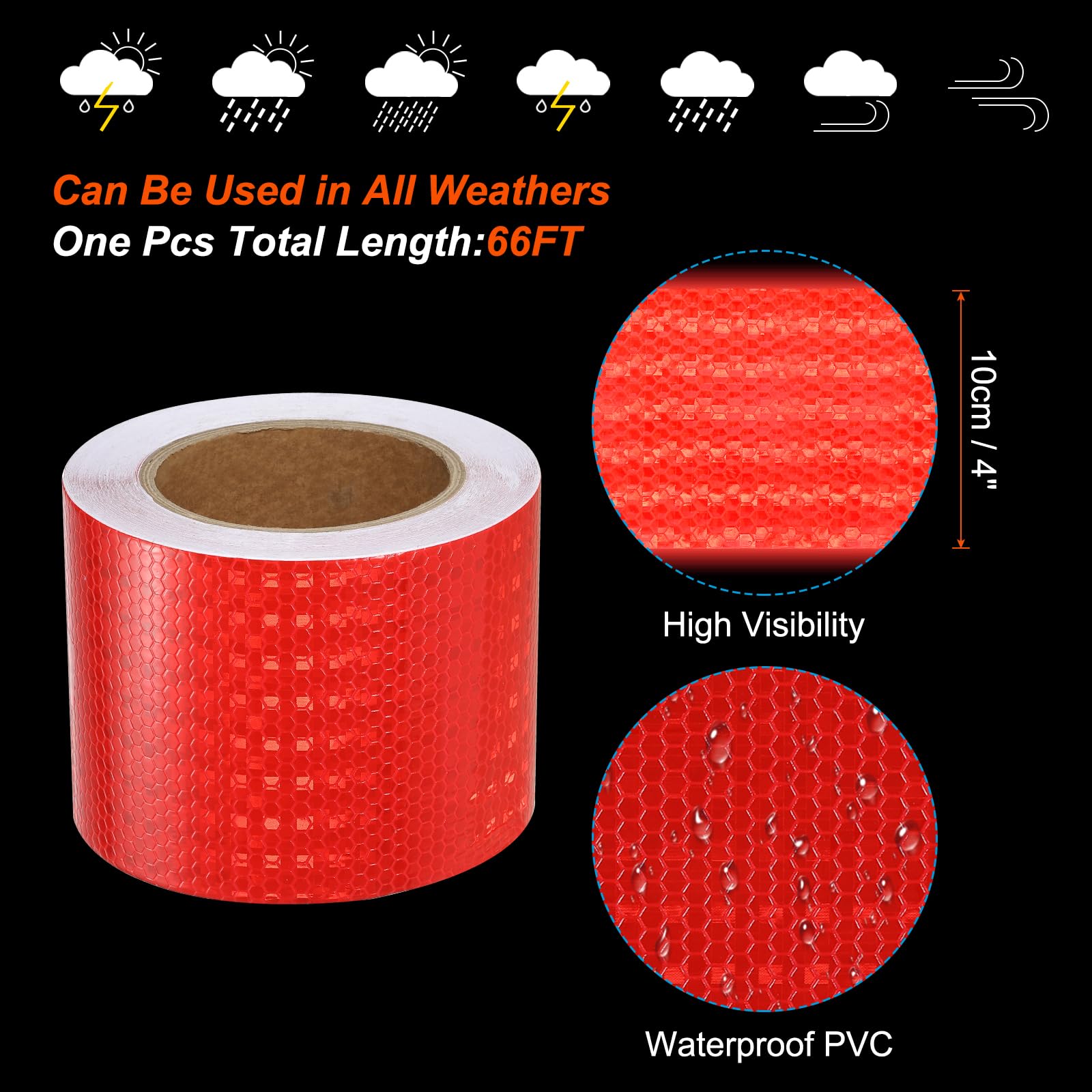 PATIKIL Cinta reflectante, 4 pulgadas x 66 pies, impermeable, de alta visibilidad, cinta adhesiva de seguridad, reflectora al aire libre para automóviles y camiones, color rojo