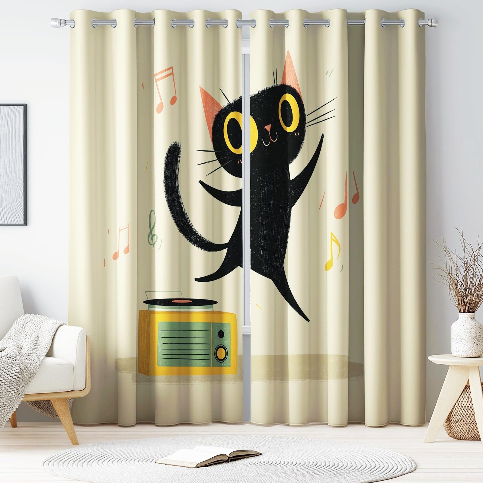 Zasłony zaciemniające do kuchni na okna - zabawna muzyka zasłona na przelotkach, przelotki zasłony okienne do sypialni salonu, szer. 229 cm x dł. 229 cm, 2 panele czarny kot gramofon beżowe wzorzyste