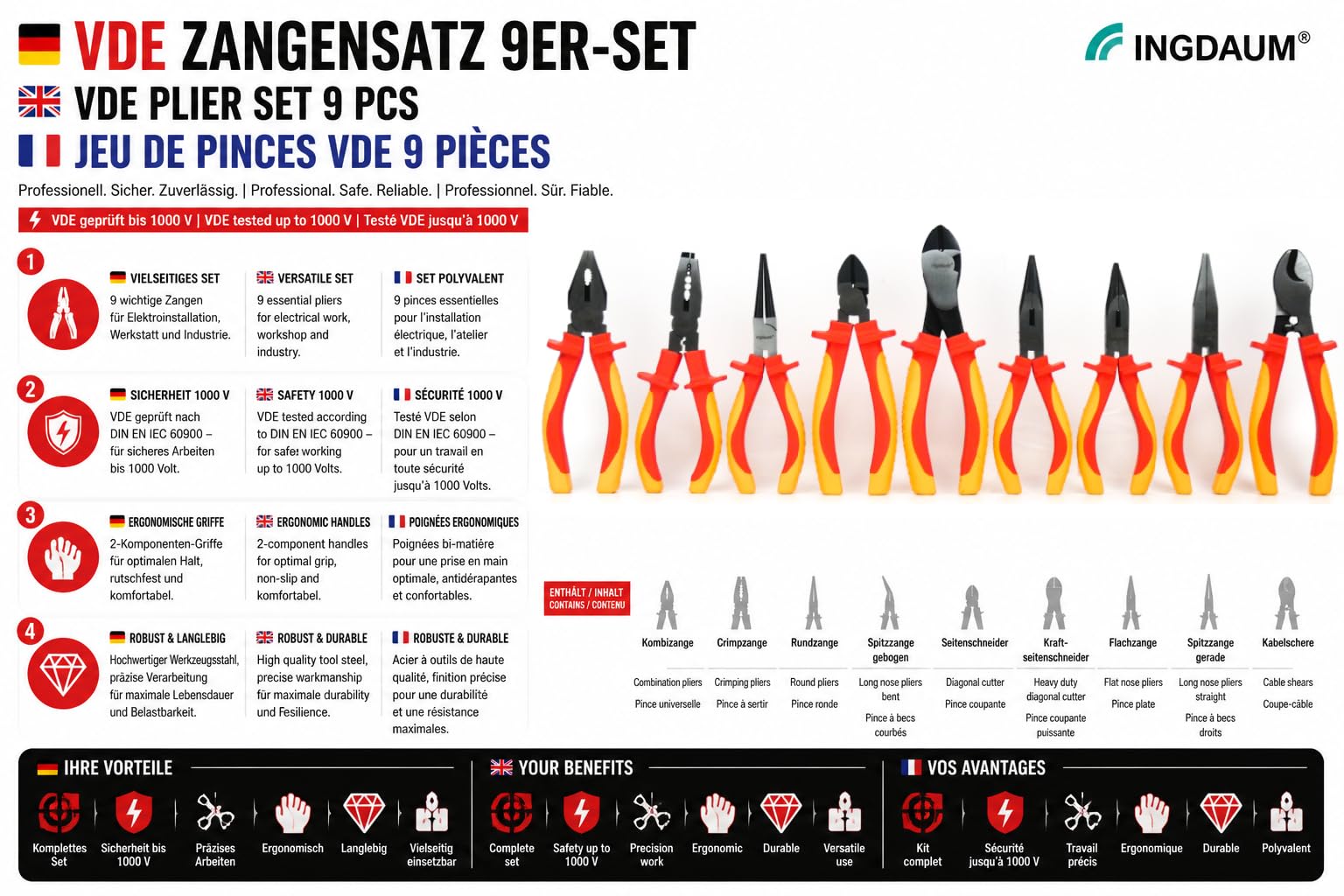 Set di Pinze VDE 9 Pezzi Isolate 1000V IEC 60900 | Tronchesi, Pinza Universale, Crimpatrice, Pinze a Becchi e Piatta, Pinza Tonda e Tagliacavi