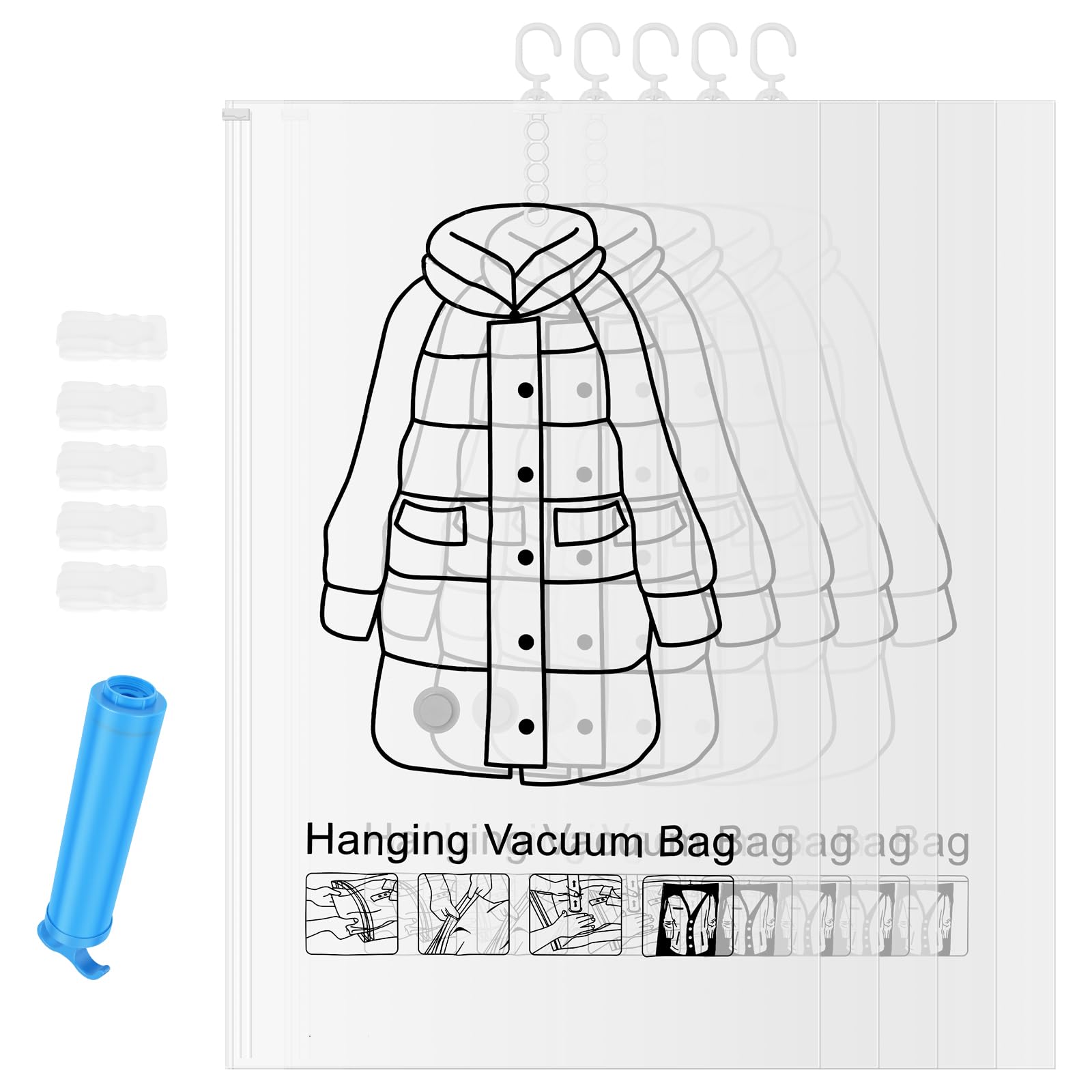 MENIBBLER 5 Pack Hanging Vacuum Storage Bags for Clothes, Space Saver Vacuum Seal Bags Closet Organiser, Heavy Duty Compression Garment Bag for Suits, Winter Coats, Jackets, Blankets ﻿