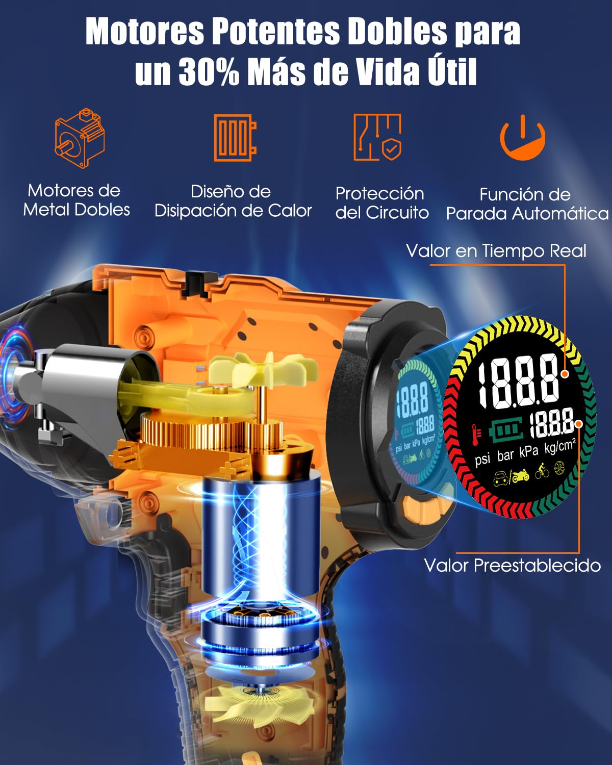 AUTDER Inflador Neumáticos 180PSI, Compresor Portátil Coches/Motos con Batería 21V Recargable 2000mAh, Autoapagado, Luz LED, Incluye Funda Impermeable, Amarillo Negro