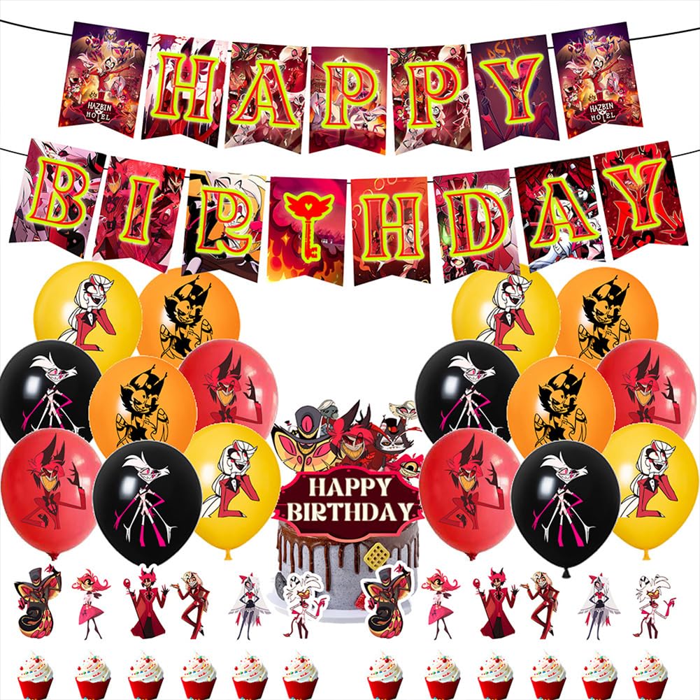Xinchangda Hazbin Hotel Anime Birthday Party Decorations Alastor/Angel Dust/Charlie Morningstar Birthday Banner Cake Toppers Balloons Anime Party Decoration