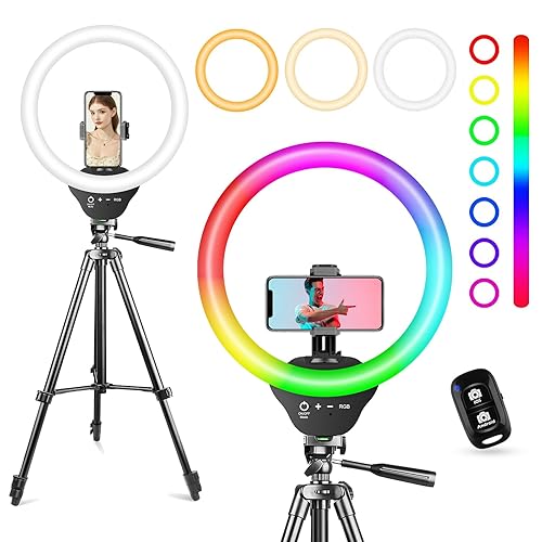 Sensyne 10'' RGB Ring Light with 50'' Extendable Tripod Stand, Circle Lights with Phone Holder for Live Stream/Makeup/YouTube Video/TikTok, Compatible with All Phones