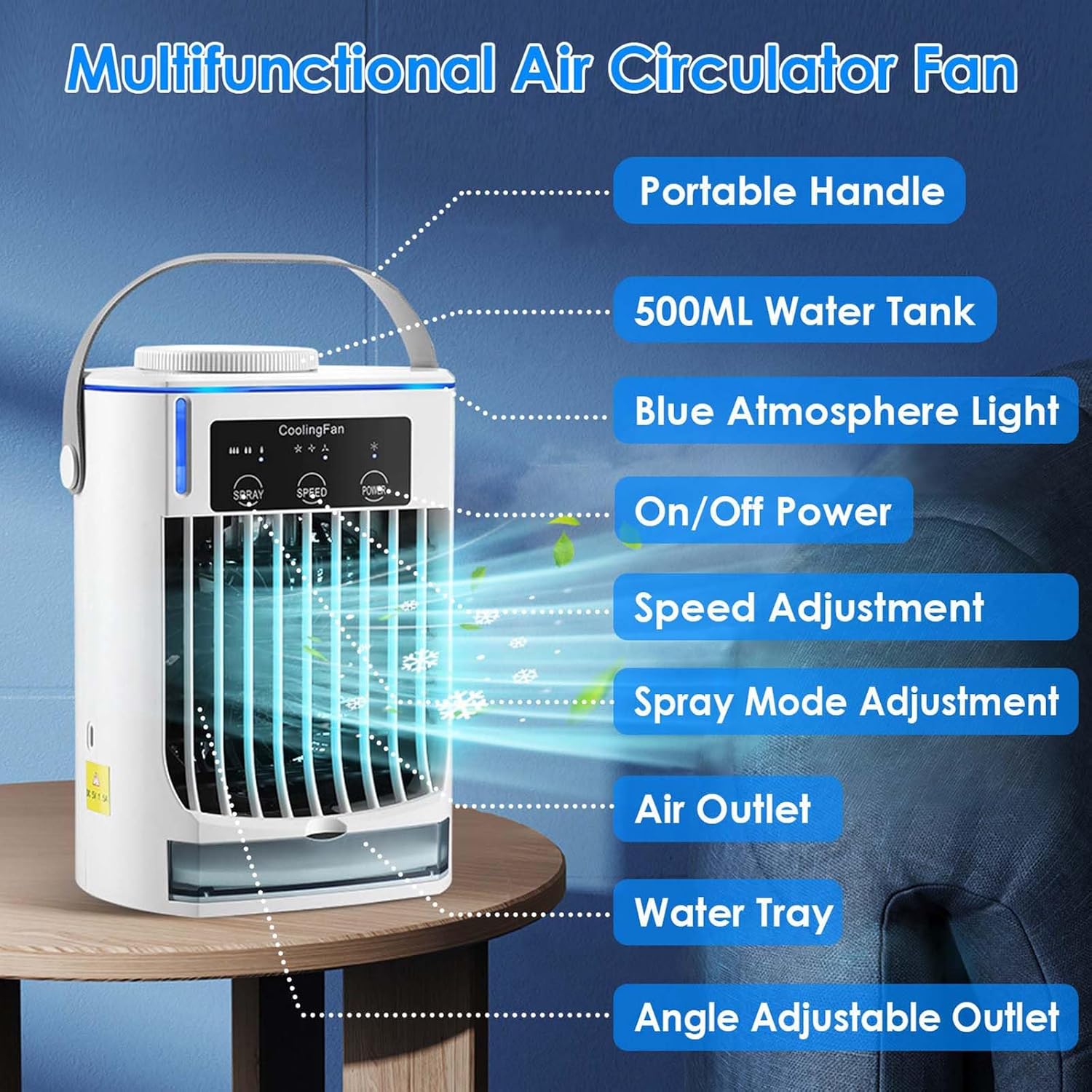 Portable Air Conditioners, 3 Wind Speeds Personal Cooling Fan with Night Light, 4 in 1 Air Cooler Mini Air Conditioner Portable for Home Office Room Car Camping