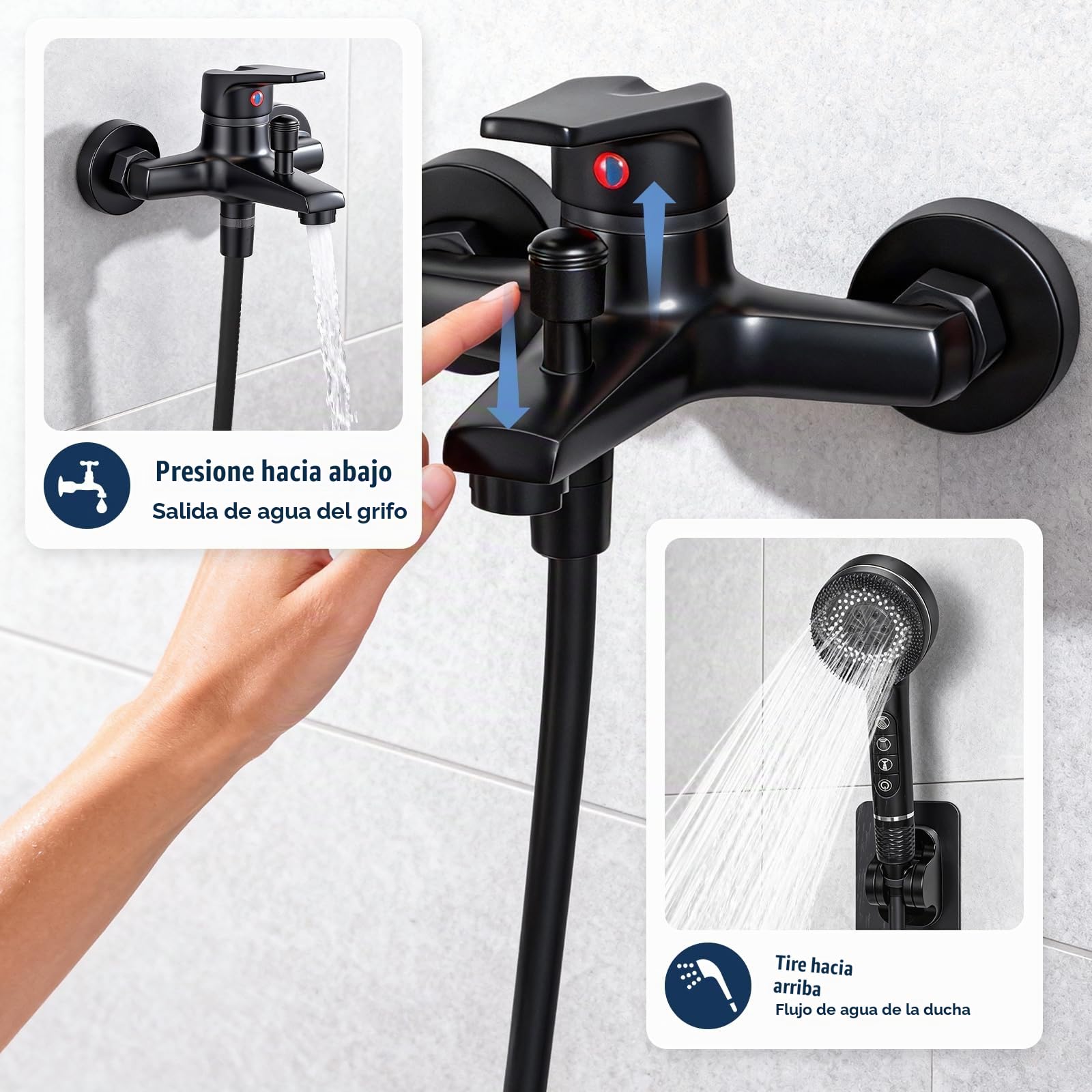 Grifo de Bañera con 4 Funciones Alcachofa de Mano Grifo Bañera Mezclador Monomando en Pared Grifería para Bañera con 1,5M Manguera y Soporte Mezclador de Baño (Negro Set)