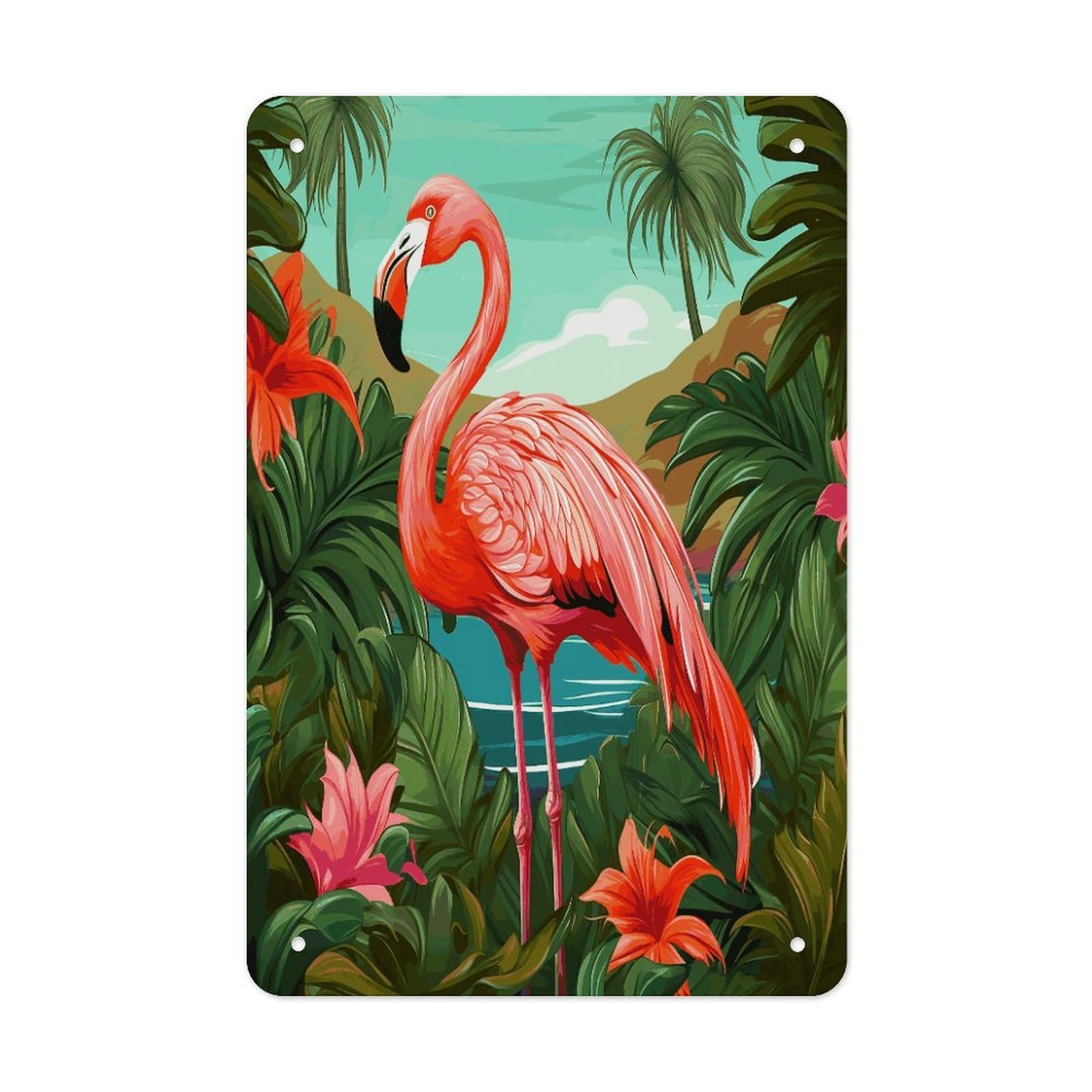 LDGSUPH Tropical Flamingo Wall Art Prints Folded Edge Iron Sheet Painting with Holes for Wall Prints Decorative Picture Metal Signboard Decor Painting for Outdoor Indoor Wall Decor