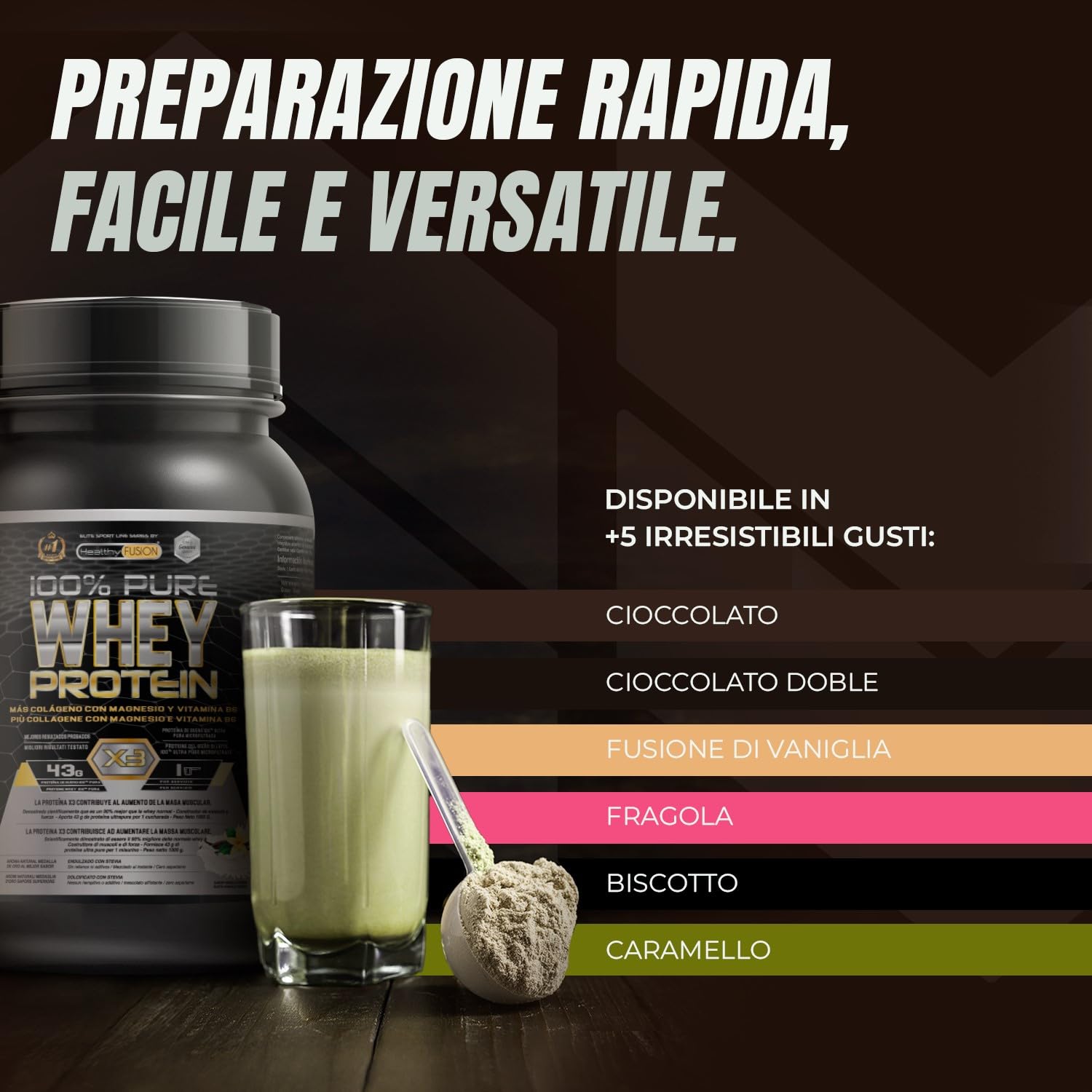 Healthy FUSION Whey Protein 100% pura, Proteine whey + Collagene + Magnesio, Proteine del Siero di Latte isolate per lo sviluppo muscolare, Massa muscolare pulita, 1000g (Vaniglia)
