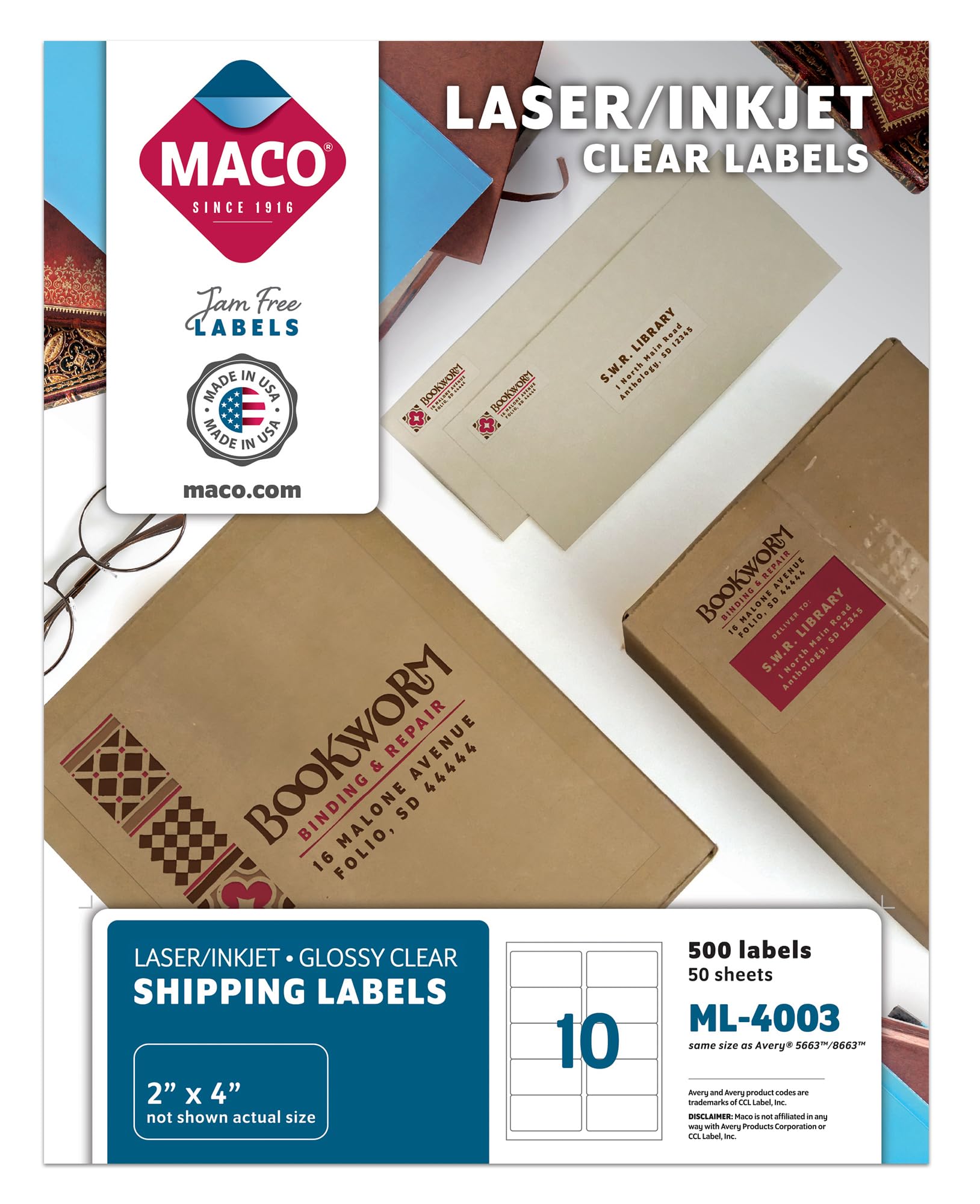 MACO Laser/Ink Jet Glossy Clear Shipping Labels, 2" x 4-1/4", 10 per Sheet, 500 per Box (ML-4003)