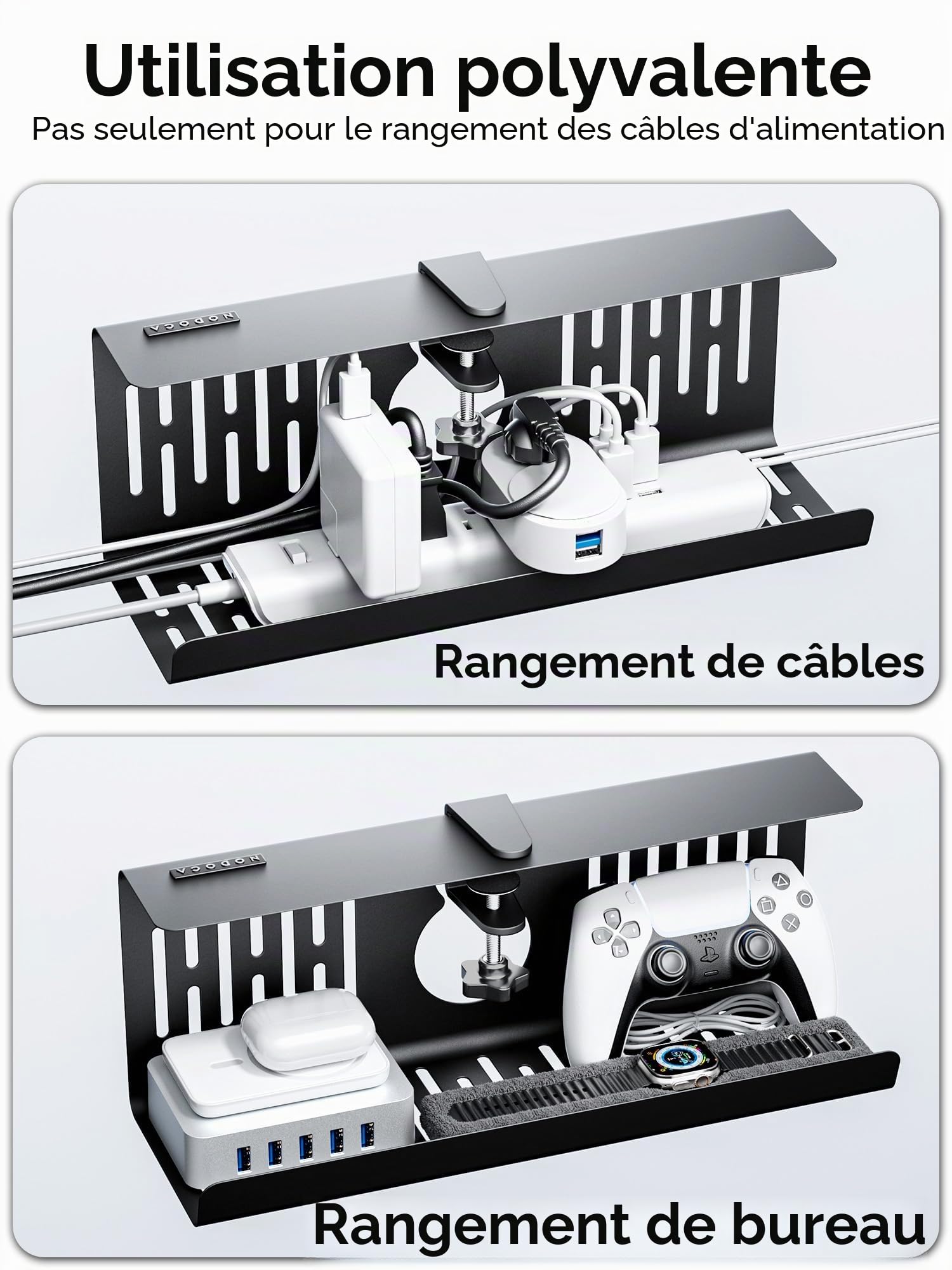 NODOCA Gestion des câbles sous le bureau, sans perçage, gestion des câbles, support de câbles, bureau, panier de câbles pour gérer les câbles et les multiprises - 35 × 13 × 12 cm, noir (lot de 2)