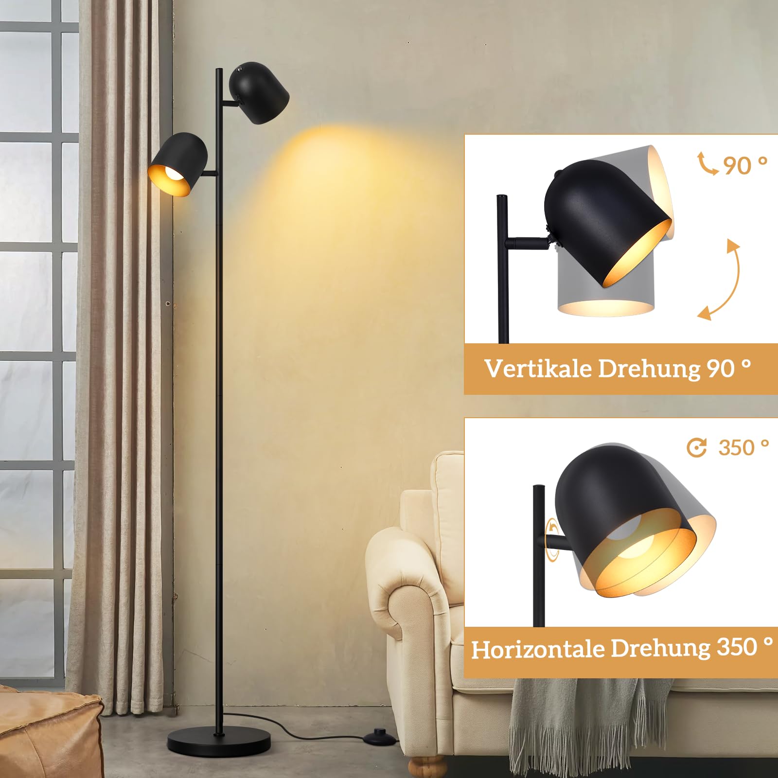 Stehlampe Vintage Wohnzimmer Stehleuchte retro: Industrial Standleuchte 2 Flammig in Schwarz Gold Standlampe aus Metall E14 Schwenkbar 350° Leselampe für Schlafzimmer - Ohne Leuchtmittel