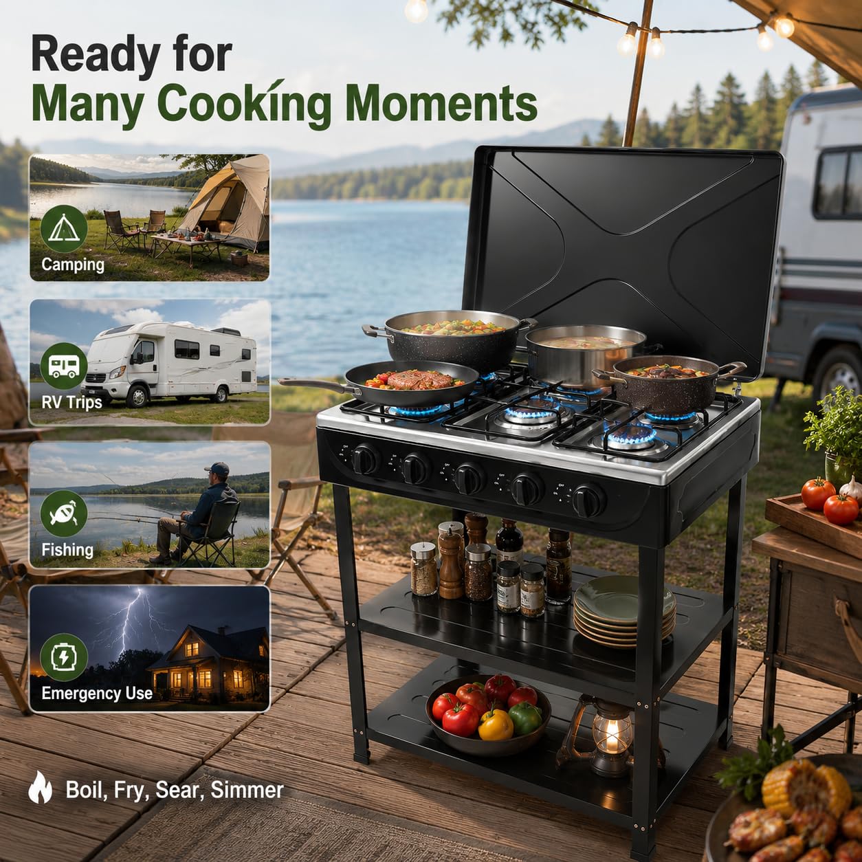 Barbecue a gas a 5 fuochi con coperchio, fornello a gas mobile per esterni, barbecue da campeggio con 2 ripiani e protezione antivento, potente barbecue a gas da tavolo da 12,5 kW, per balcone