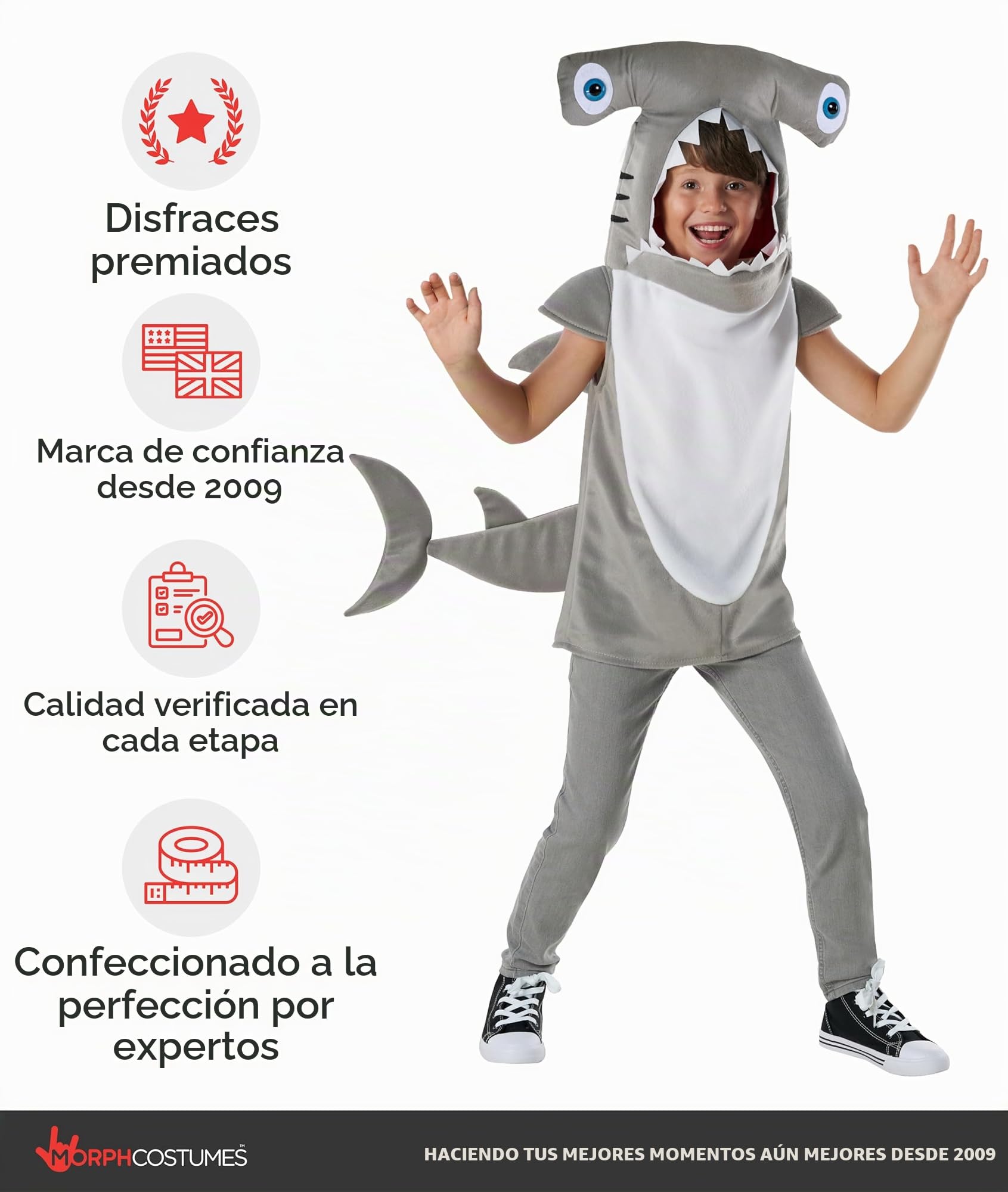 Morph Costumes Disfraz Tiburón Niño y Niña, Tiburón Martillo, Pez, Animales Marinos, Carnaval y Halloween