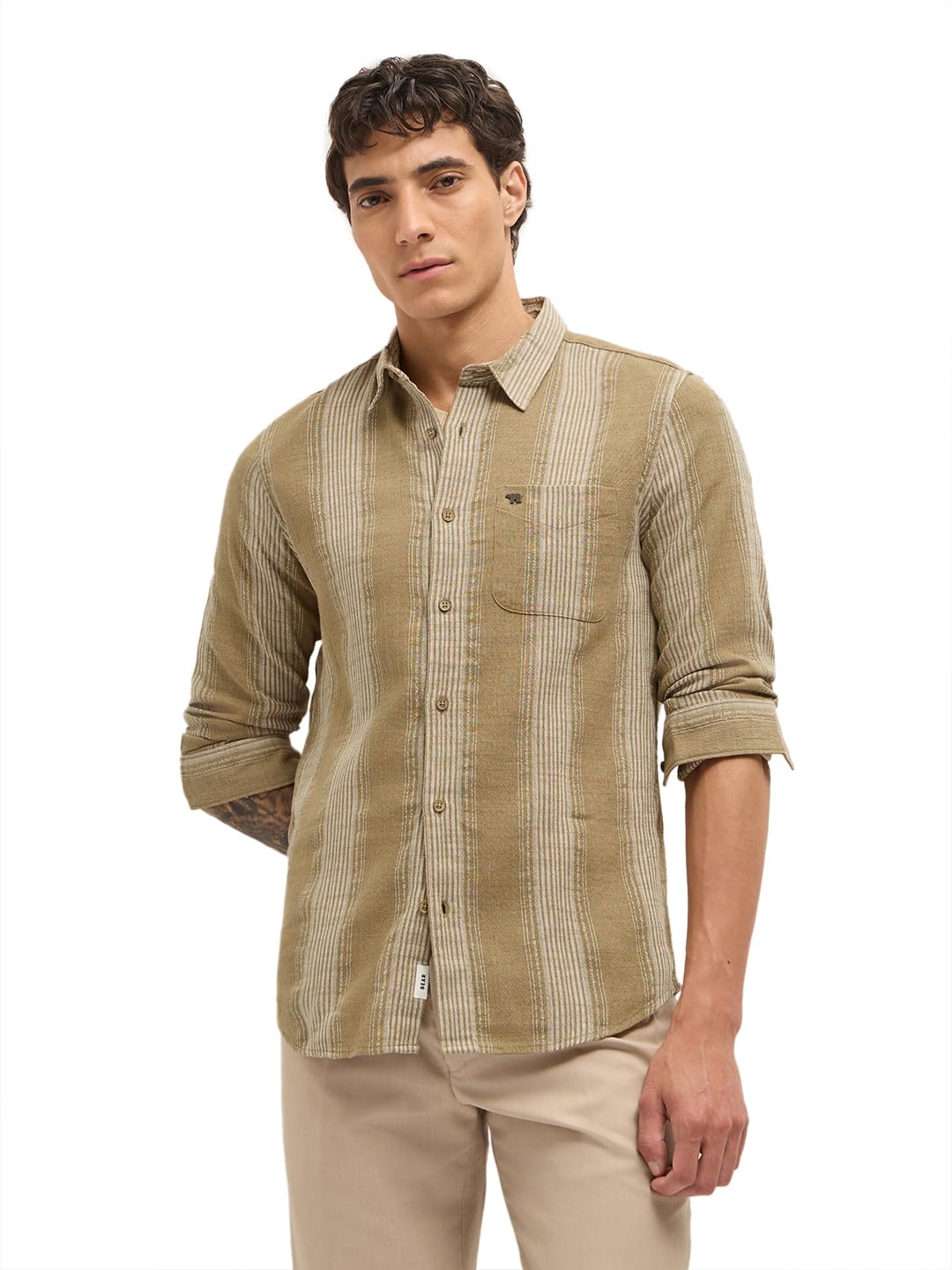 the bear house Men's Beige Slim Fit Striped Casual Shirt-picture-16