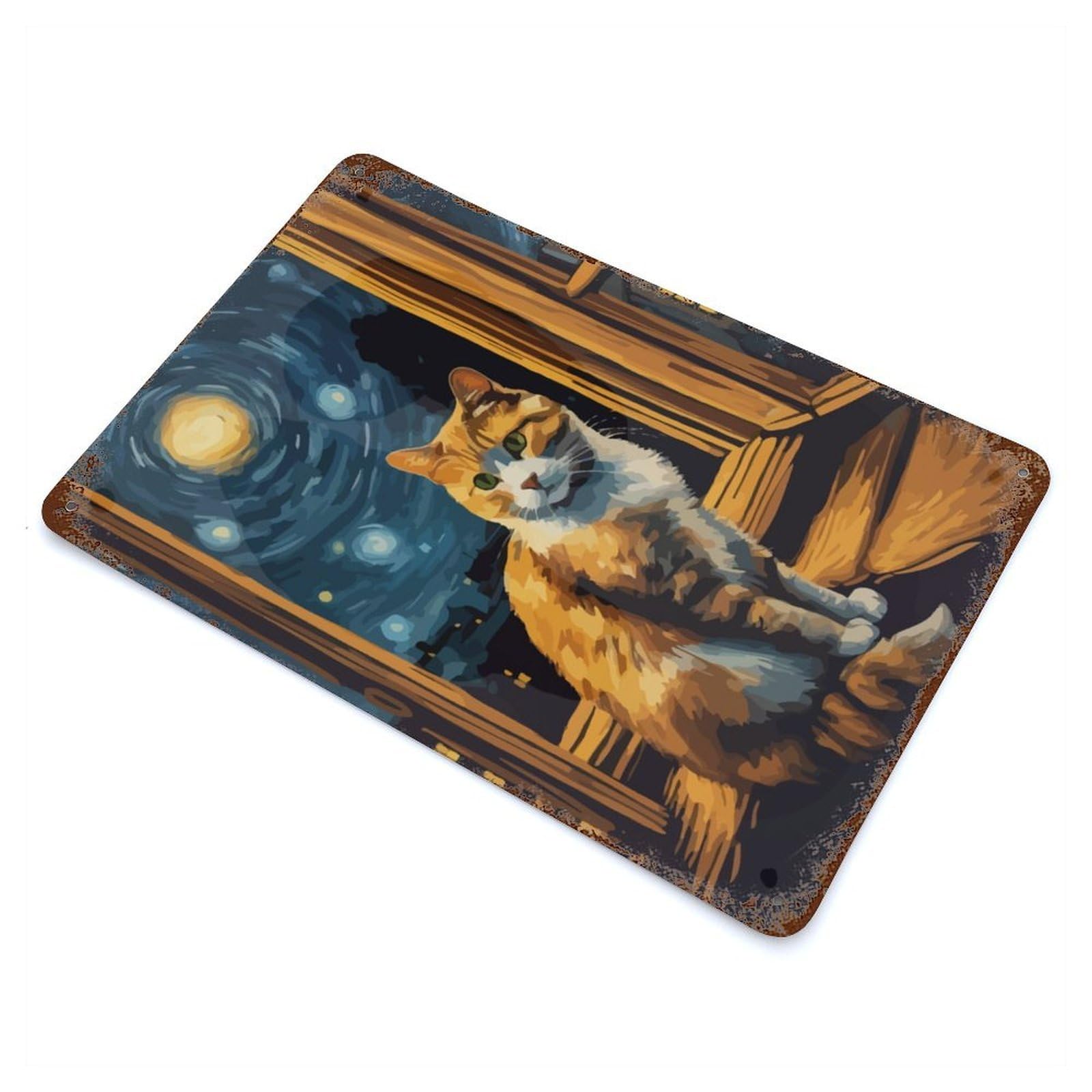 Rustic Tin Plaque Starry Night Cat 11.8"x7.9", Retro Wall Decor for Shed, Workshop And Garage Wall Decor