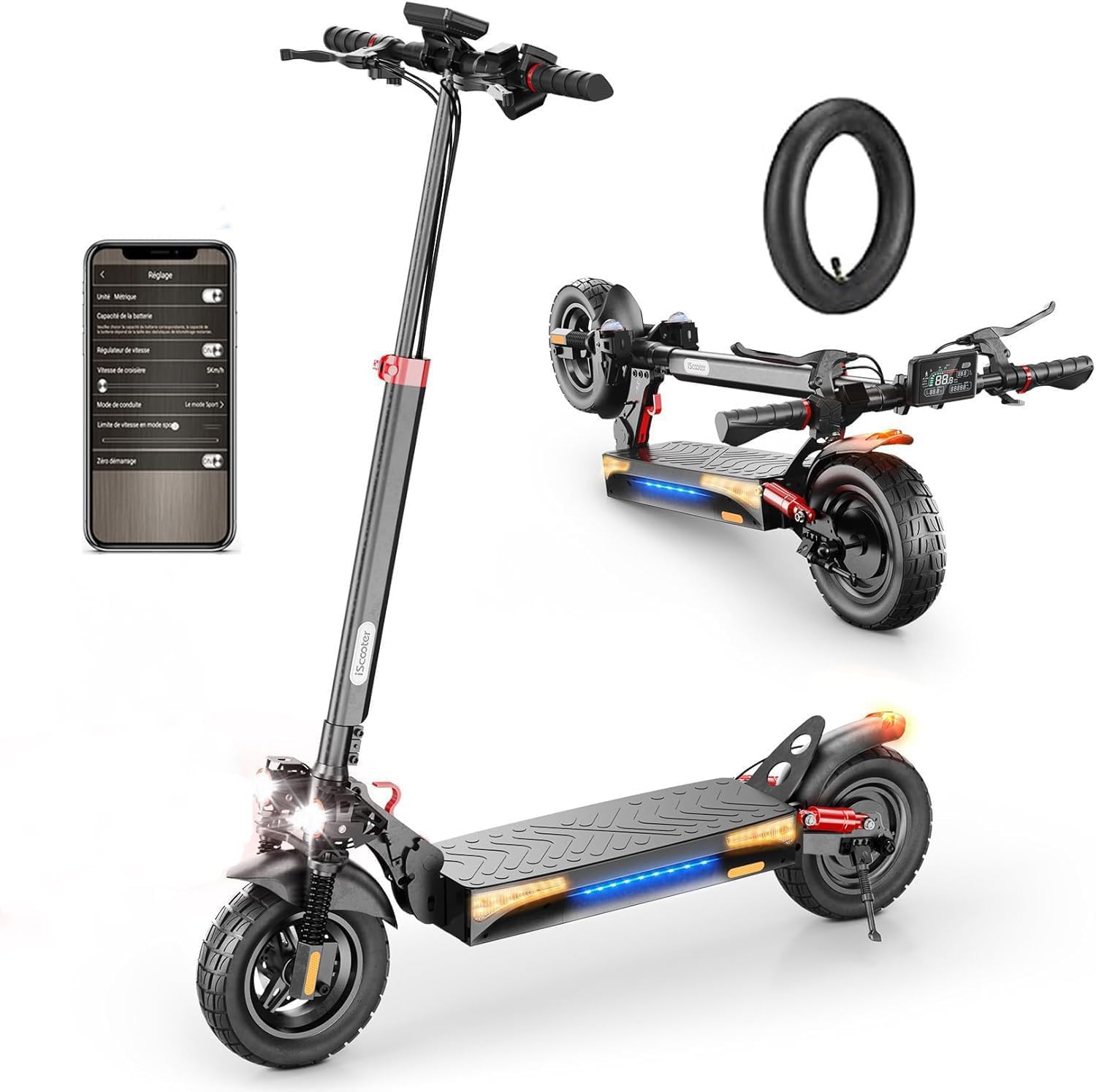 iScooter Electric Scooter, iX4 Electric Scooters Adult 10 Inches Off-road Honeycomb Tires, 45 km Long Range, 48V 15Ah Fast E-Scooter, 3 Speed Modes with APP Control, Dual Shock Suspension