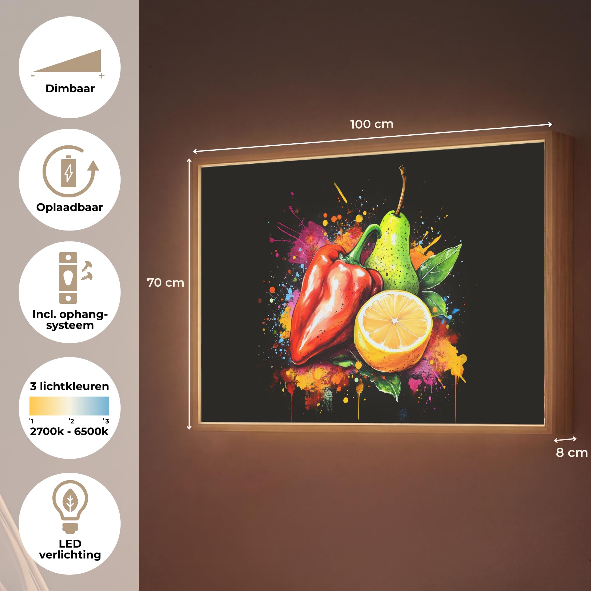LED Wandlicht Innen 100x70 cm Aufladbar Dimmbare Nachtleuchte Schlafzimmer Wandlampe Nachtlicht Modern Design Stillen Wandleuchte Wand Licht Paprika - Birne - Zitrone - Graffiti - Farbe