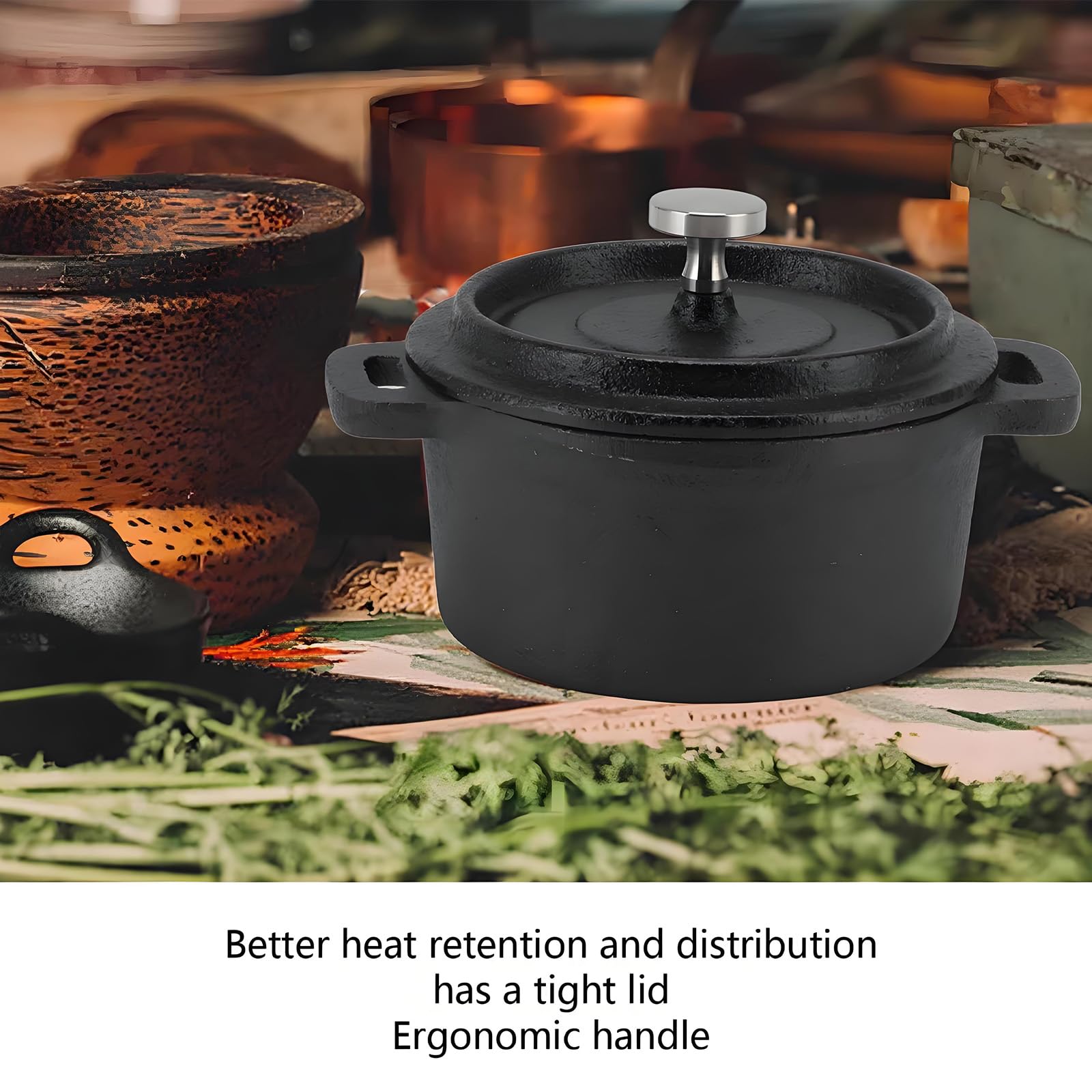 OLLA DE HIERRO FUNDIDO HOLANDÉS CON TAPA 20CM - OLLA ANTIADHERENTE PARA GAS, ELÉCTRICA, HORNO, BBQ [ALTA RETENCIÓN DE CALOR] (Diámetro 20 CM)