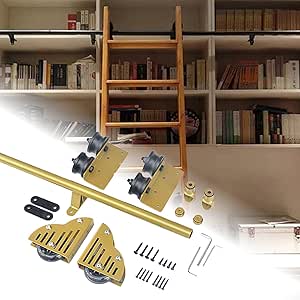 Library Sliding Ladder Hardware Kit 3.3ft-20ft, Rolling Ladder Rails Rustic Black Steel Round Tube Mobile Ladder Tracks with Floor Roller Wheels - (No Ladder) (Size : 6.6ft/200cm Track Kit