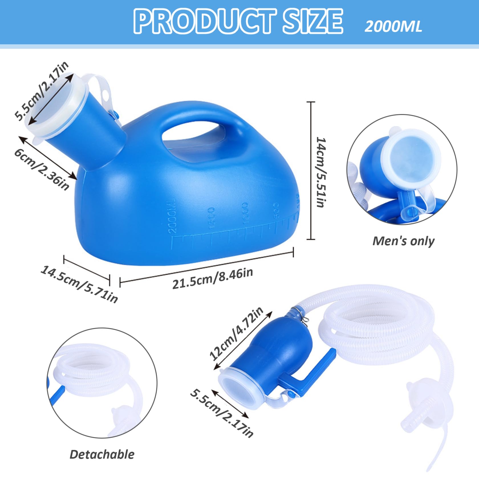 Orinal portátil para hombres, 2000 ml, a prueba de derrames, para viajes, hospitales, automóviles, camioneros, con tapa a escala, tubo de 63 pulgadas de largo, botellas para orinar para orinal mascul