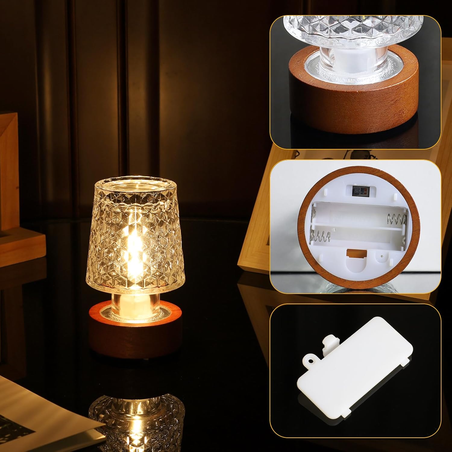 Samll Battery Operated Lights with Timer,Mini Bathroom Night Light for Adult,Led Lights for Bedroom,Warm Light Lamp for Nightstand,Glass Crystal Decorative Nightlights (Warm Light)