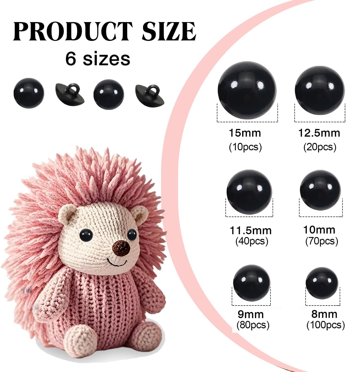 TOAOB 320pcs Sew On Safety Eyes Buttons Black 8mm to 15mm Plastic Mushroom Domed Sewing Crafting Eyes for DIY Stuffed Animals Amigurumis Crochet Doll Making