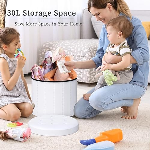 Miniatura 3 de Bsketa Otomana plegable redonda de almacenamiento de 15 pulgadas, taburete de pie con asiento acolchado de espuma más gruesa, banco otomano de