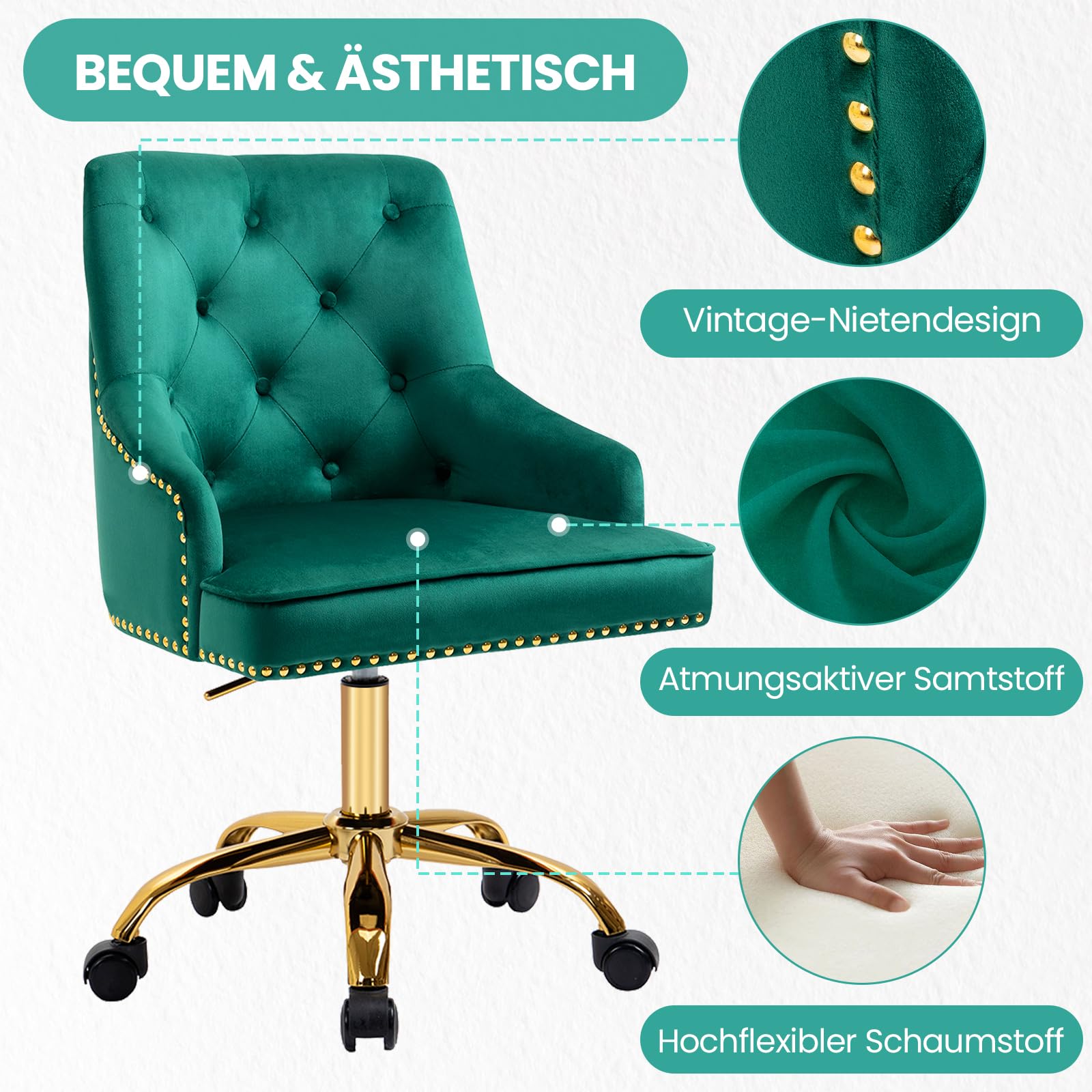 Bürostuhl aus Samt, Drehbarer Schreibtischstuhl mit Rollen, Höhenverstellbarer Schminkstuhl mit goldenen Beinen, Modern für Büro, Schlafzimmer oder Schminktisch, Belastbar bis 135 kg (Grün)