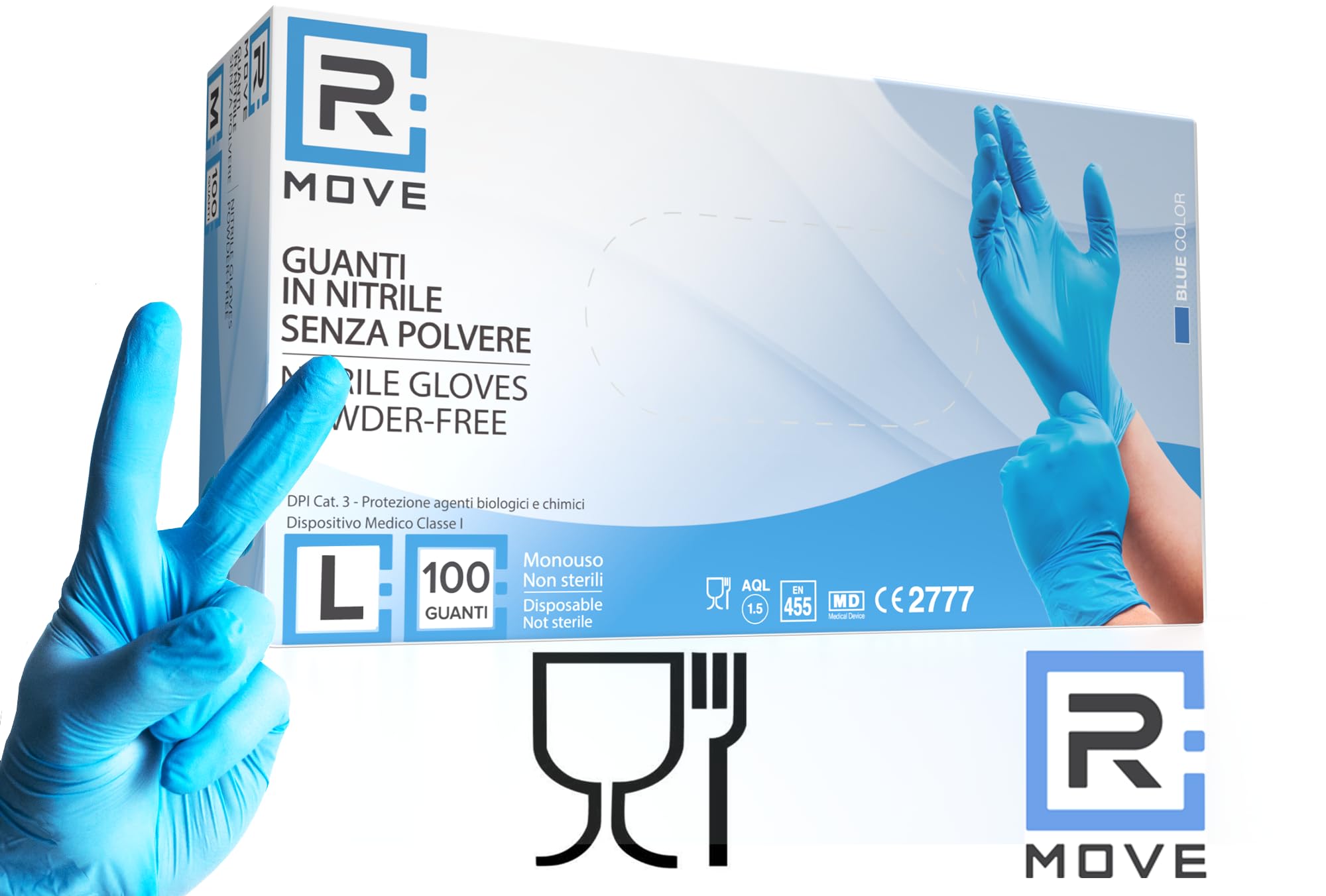 R MOVE 100 guanti in nitrile monouso blu L senza polvere, gloves ambidestri usa e getta per alimenti, non sterili, senza lattice, ipoallergenici - per ambiti medici, Estetisti, Tatuatori