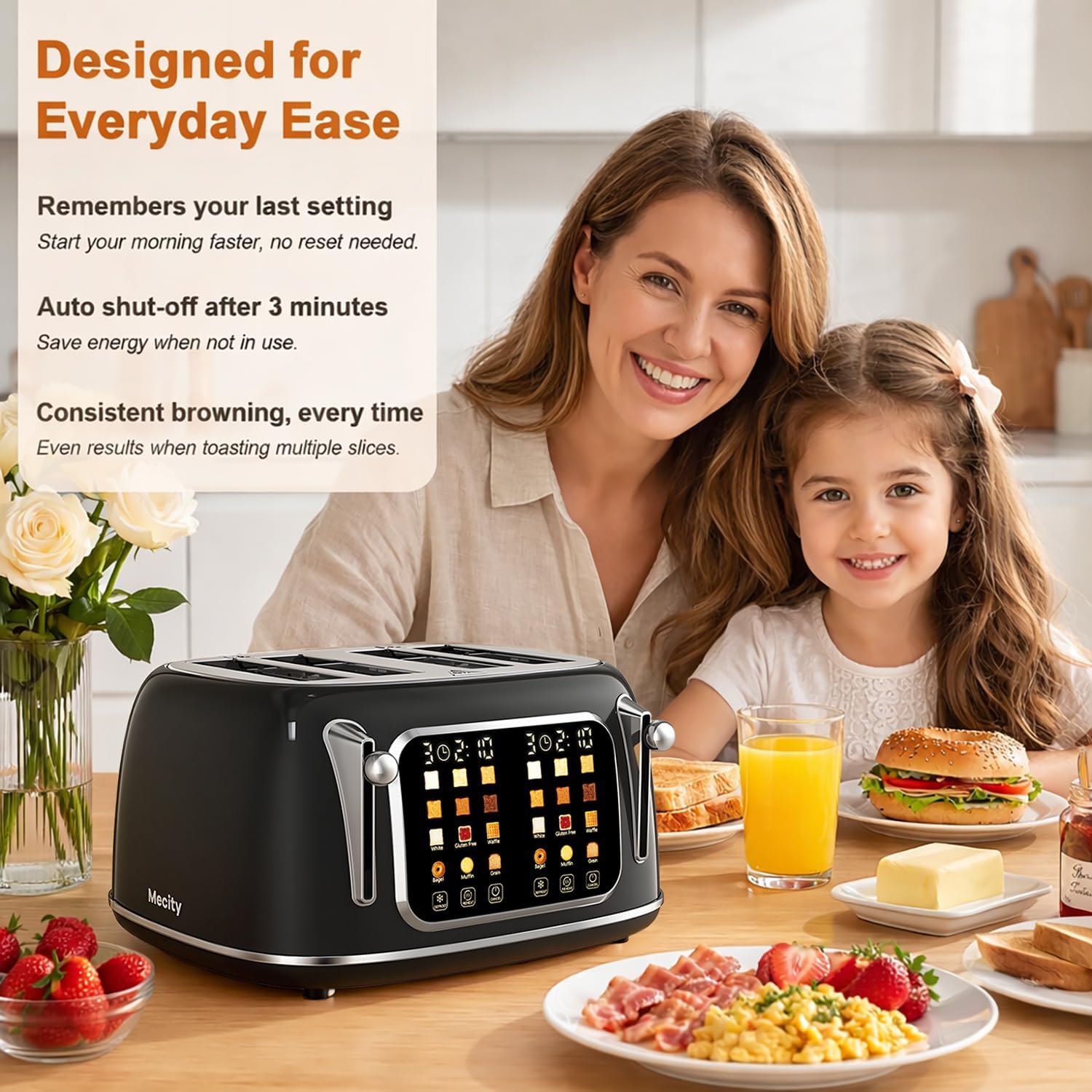 Mecity Toaster 4 Slice, Touch Screen Wide Slot Retro Toaster For Breads Bagel Muffin Waffle, House Warming Gift New Home, 120V 1650W, Jet Black
