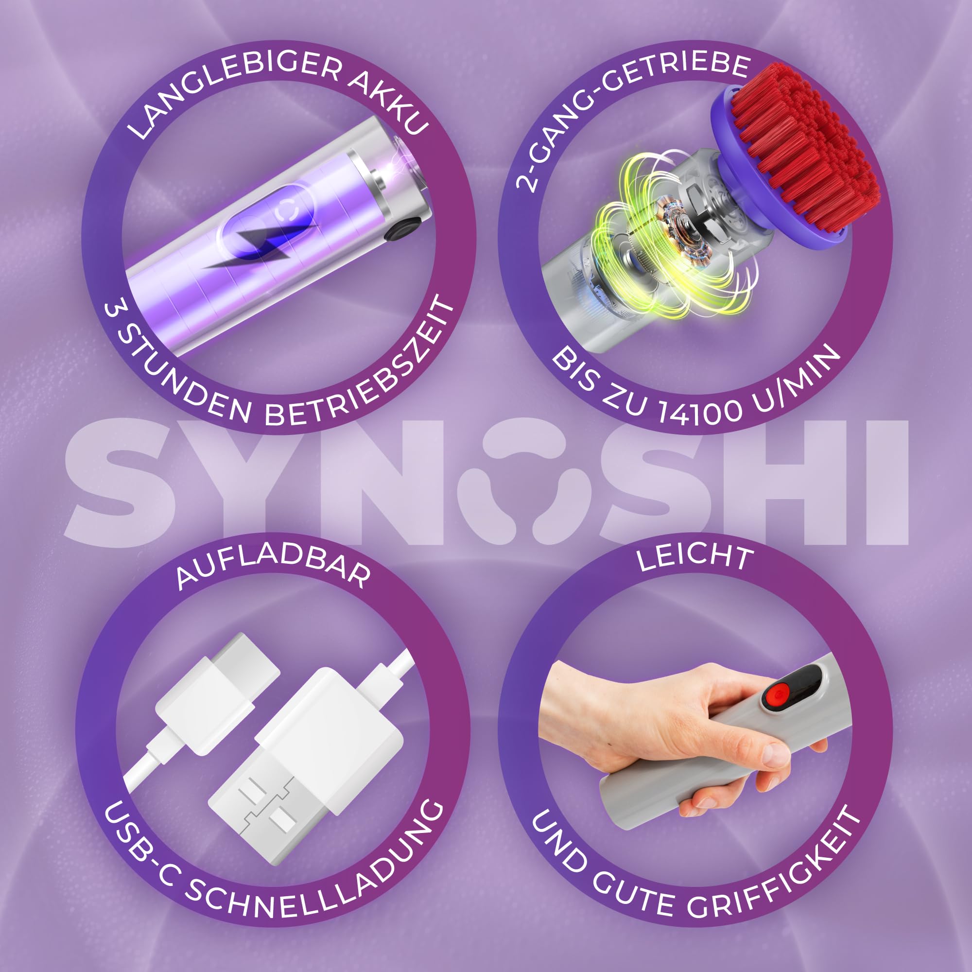 SYNOSHI PRO Elektrische Reinigungsbürste – Kabellos & Wiederaufladbar – Spin Scrubber für Bad, Fliesen und Küche mit Verstellbarem Griff